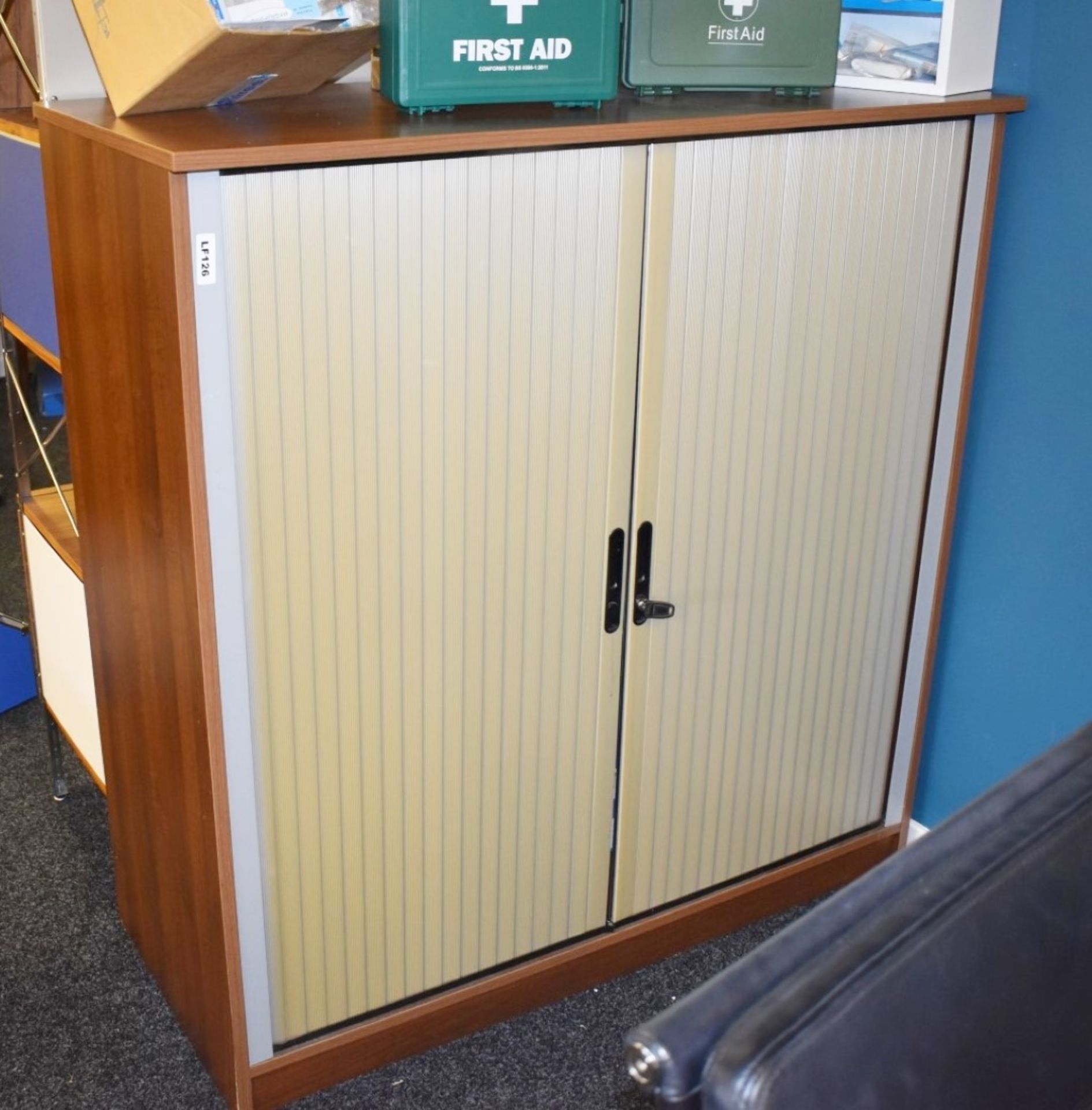 1 x Office Storage Cabinet With Walnut Finish and Tambour Doors - Includes Key