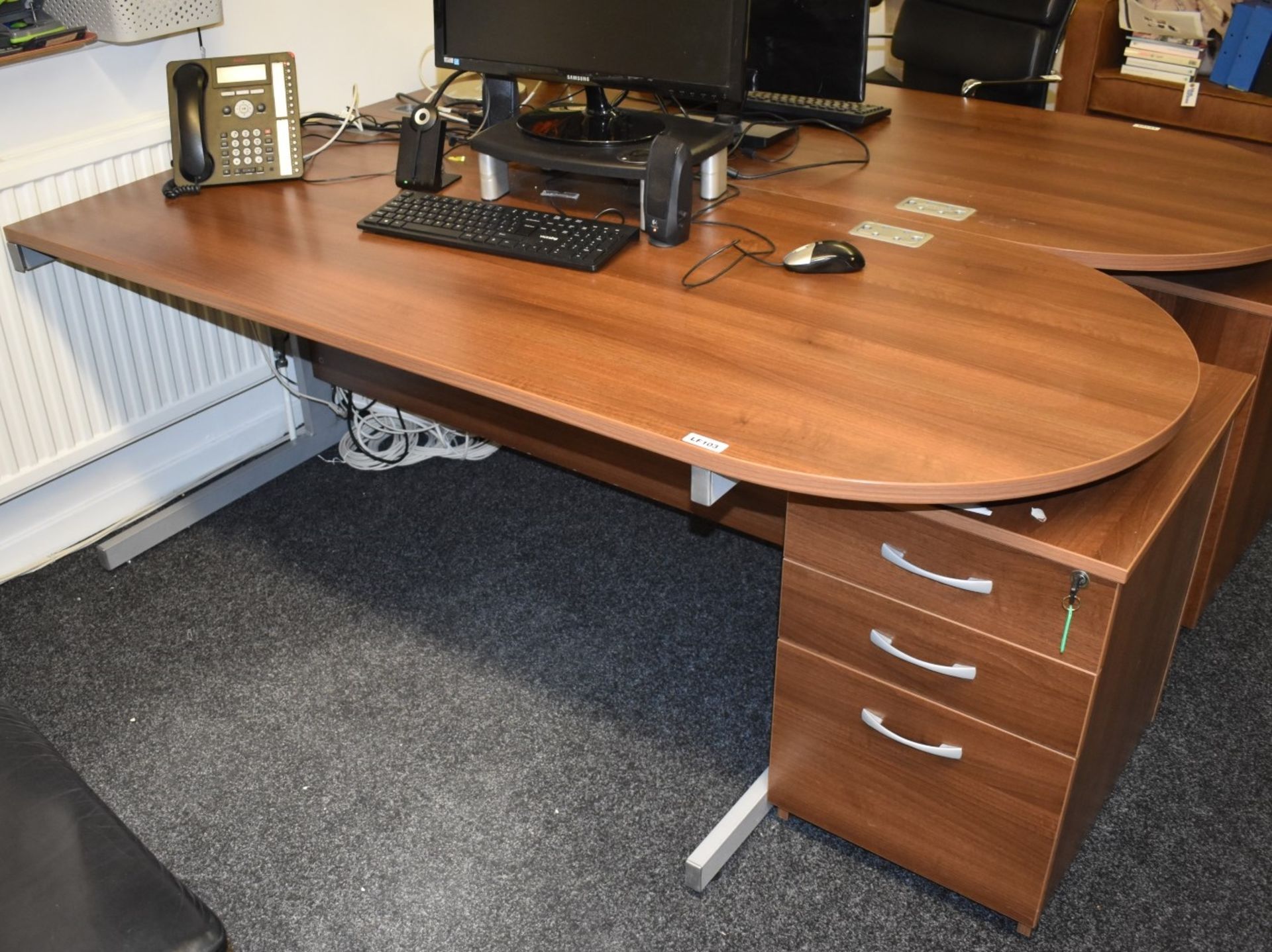 1 x Contemporary Office Desk - Features Semi Circle Meeting Point, Walnut Finish and Matching Drawer