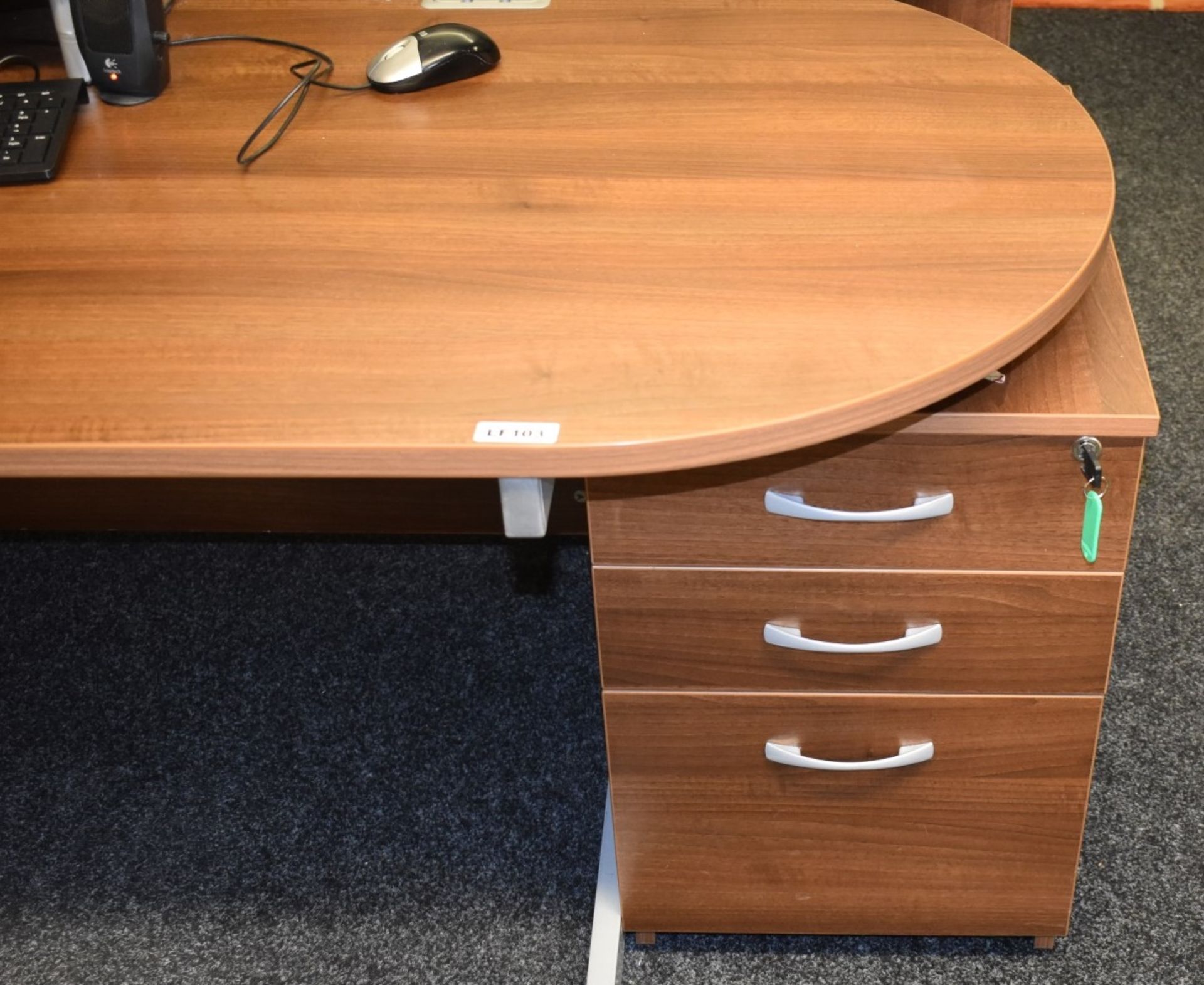 1 x Contemporary Office Desk - Features Semi Circle Meeting Point, Walnut Finish and Matching Drawer - Image 2 of 5