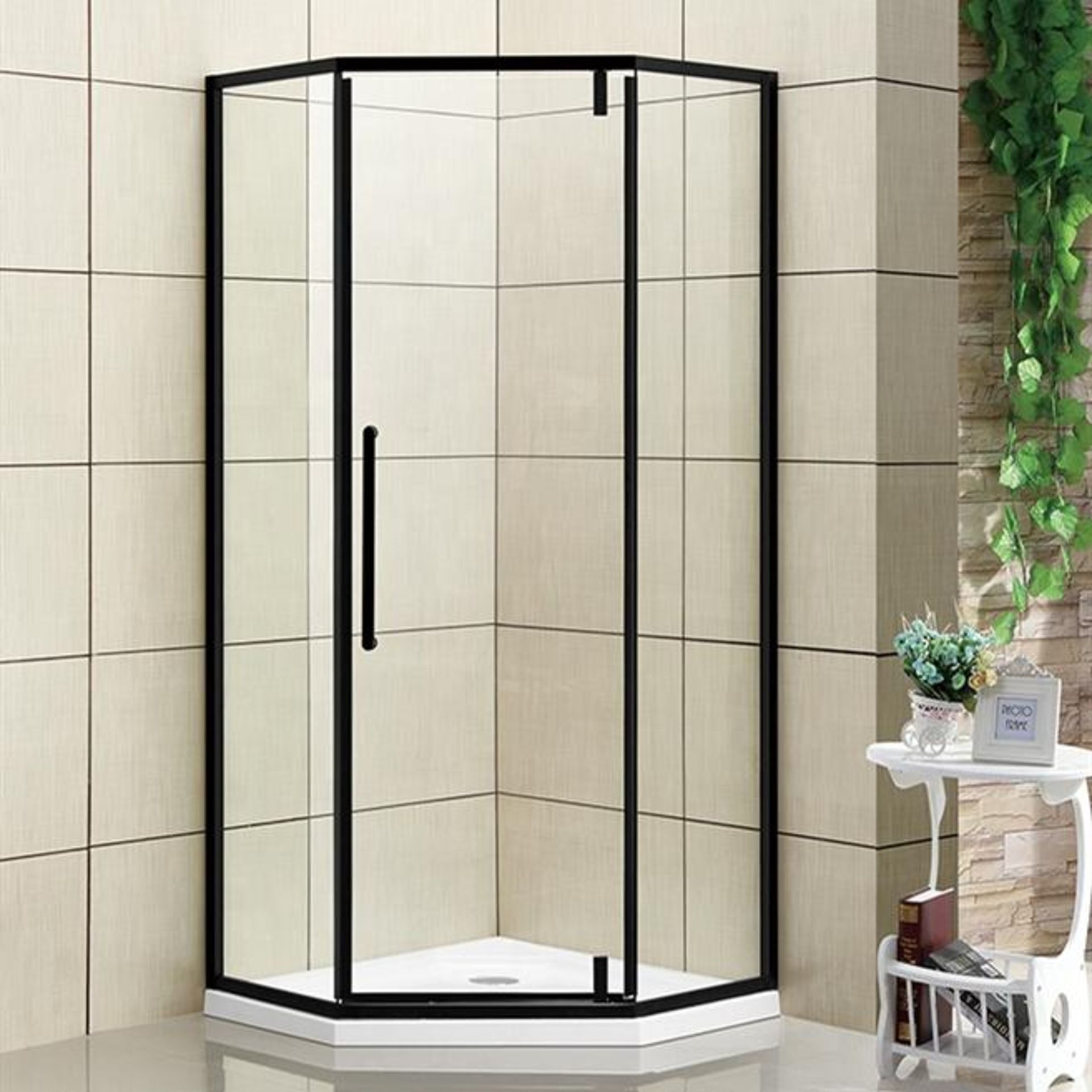 1 x Premium Quality Diamond-Shaped Shower Enclosure With Hinged Door - Frame Colour: Matt Black - Di