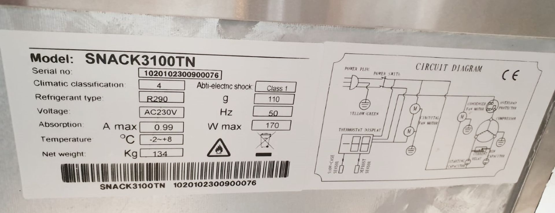 1 x Stainless Steel 3-Door Commercial Snack Counter Freezer SNACK3100TN - Ref: UK - CL482 - Location - Image 2 of 2