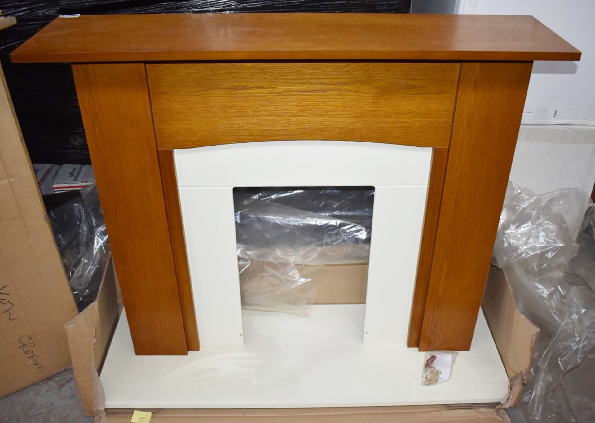 1 x Wooden Fire Surround With Cherry Finish, Stone Hearth and Matching Back Trim - New and Unused