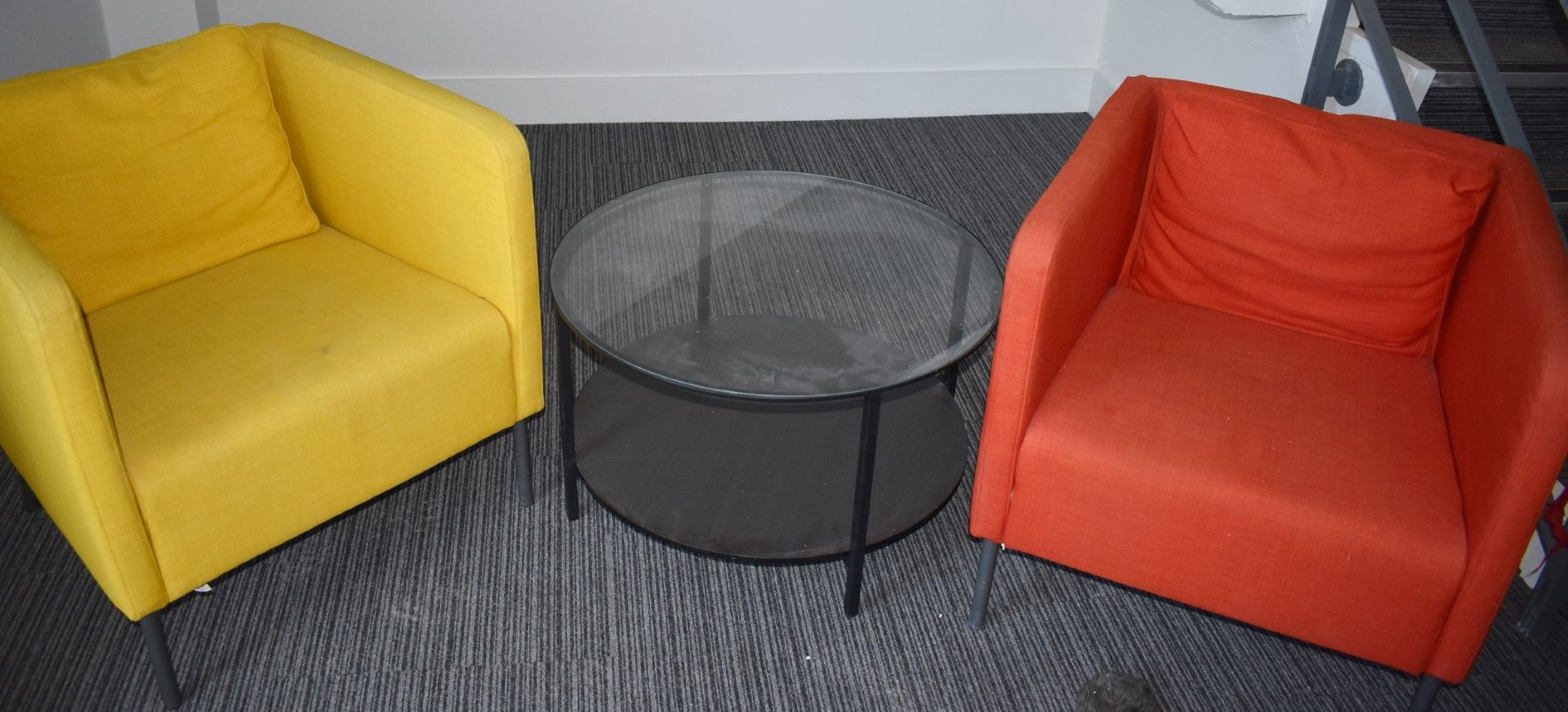 2 x Reception Armchairs in Yellow/Red and Circular Glass Coffee Table - Chairs Width 71 cms -