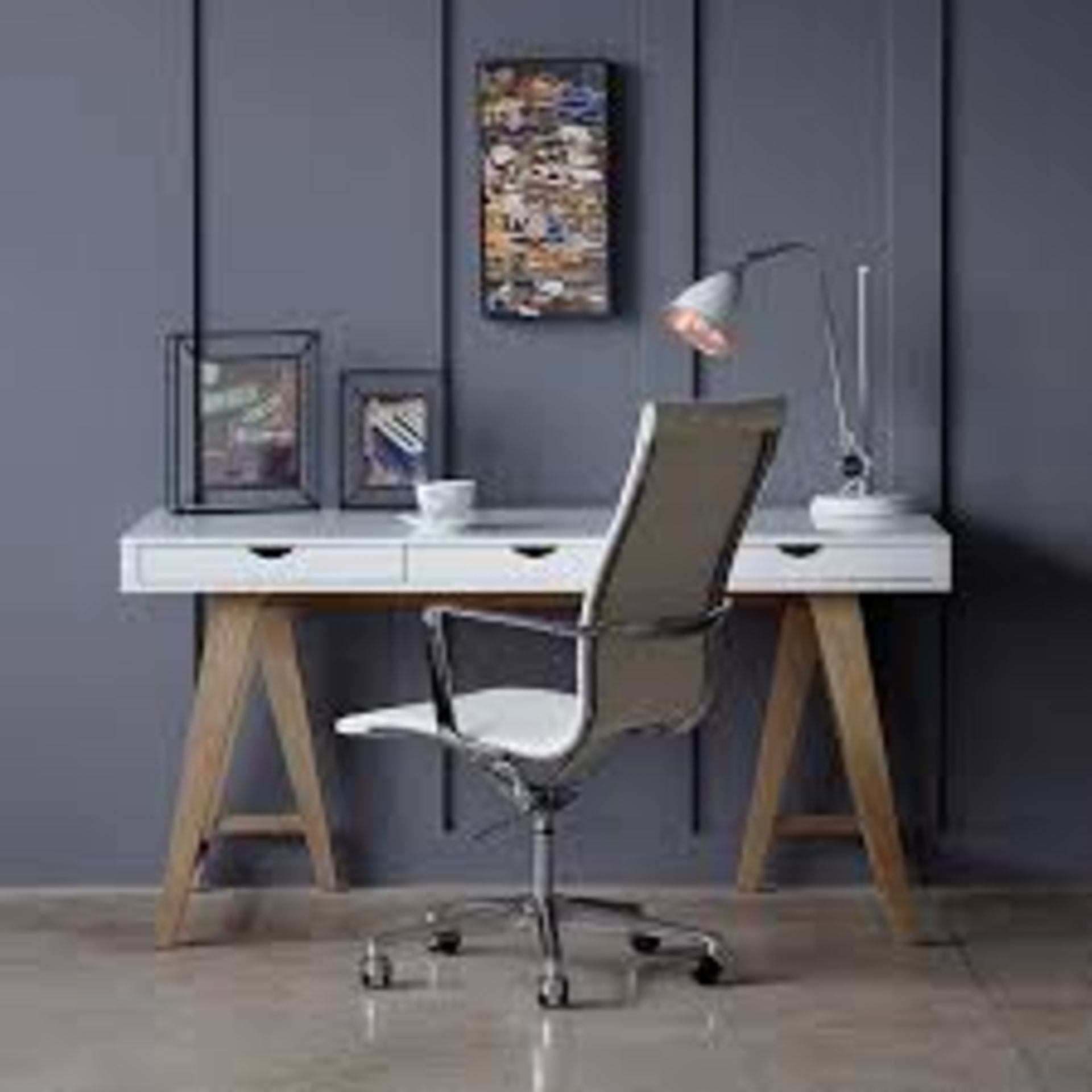 4 x Blue Suntree Ellwood Trestle Office Desks in White With Wooden Legs - Unchecked Customer Returns - Image 2 of 4