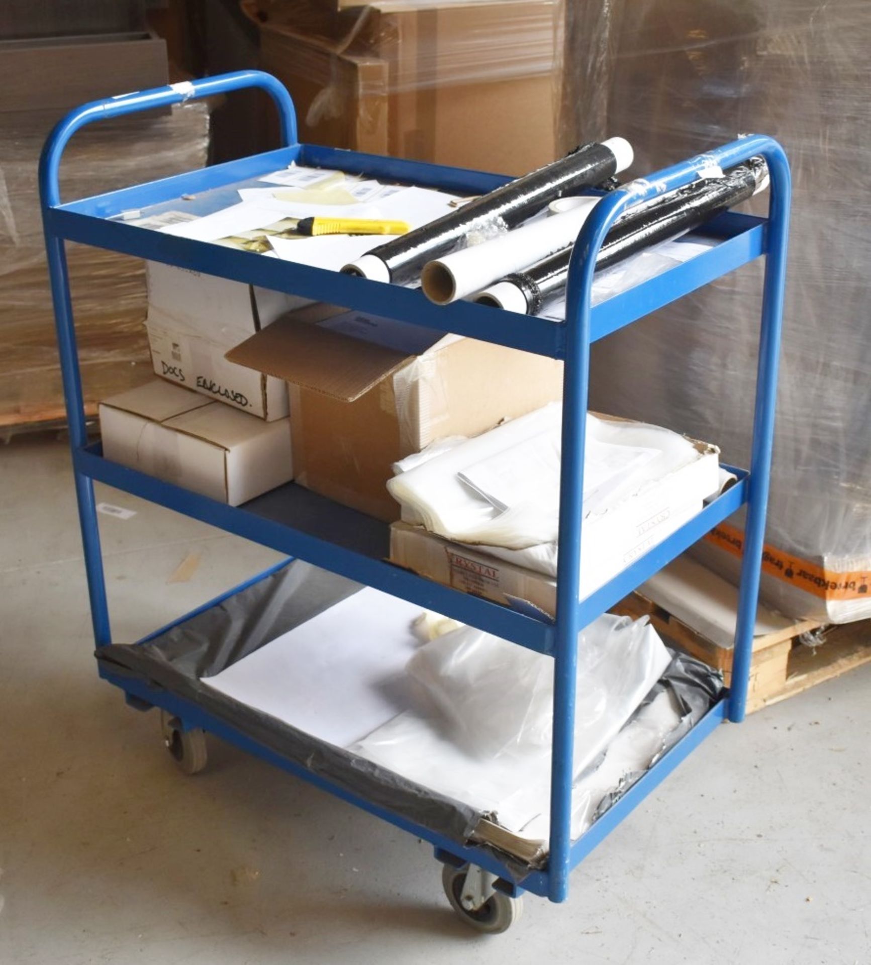 1 x Warehouse Trolley With Castors, Push/Pull Handles and Three Tier Shelves - Dimensions: H93 x W85