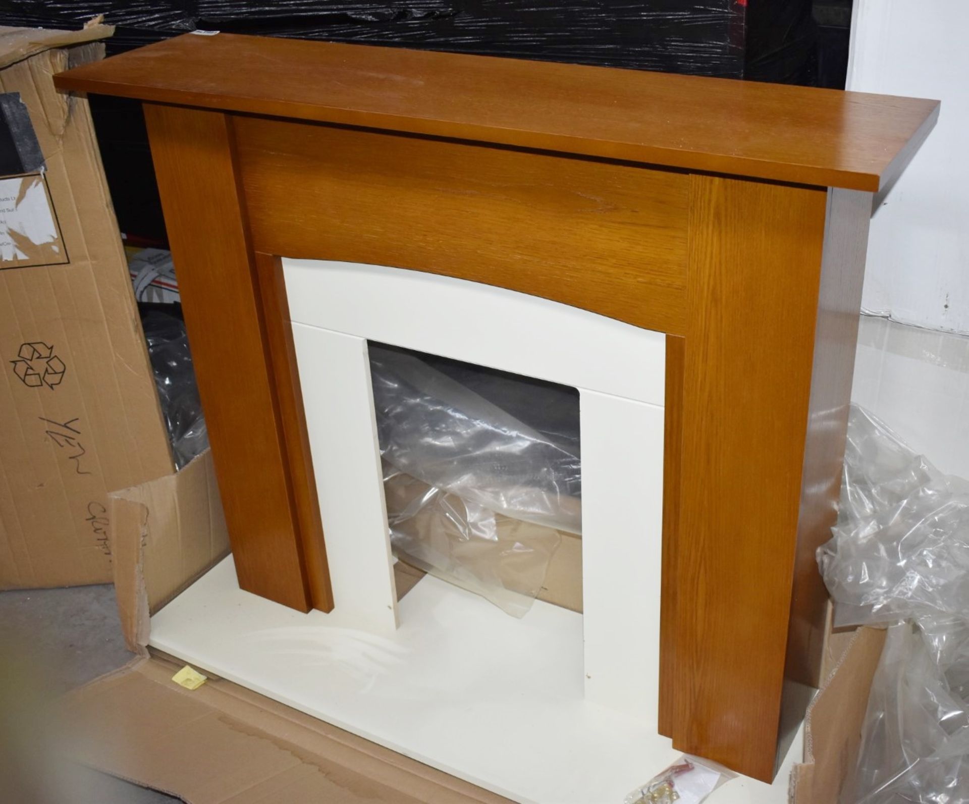 1 x Wooden Fire Surround With Cherry Finish, Stone Hearth and Matching Back Trim - New and Unused - Image 3 of 4