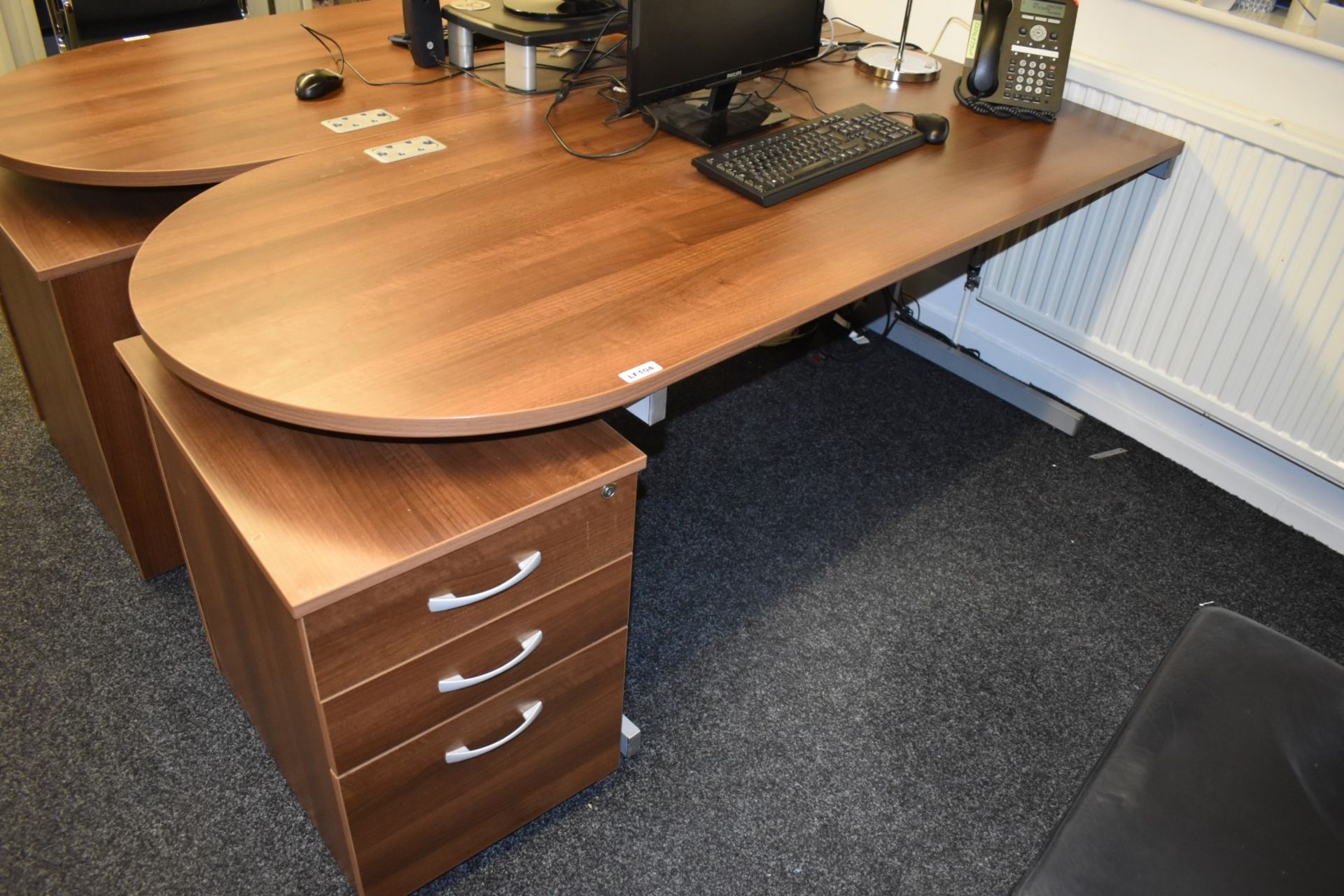 1 x Contemporary Office Desk - Features Semi Circle Meeting Point, Walnut Finish and Matching Drawer - Image 2 of 6
