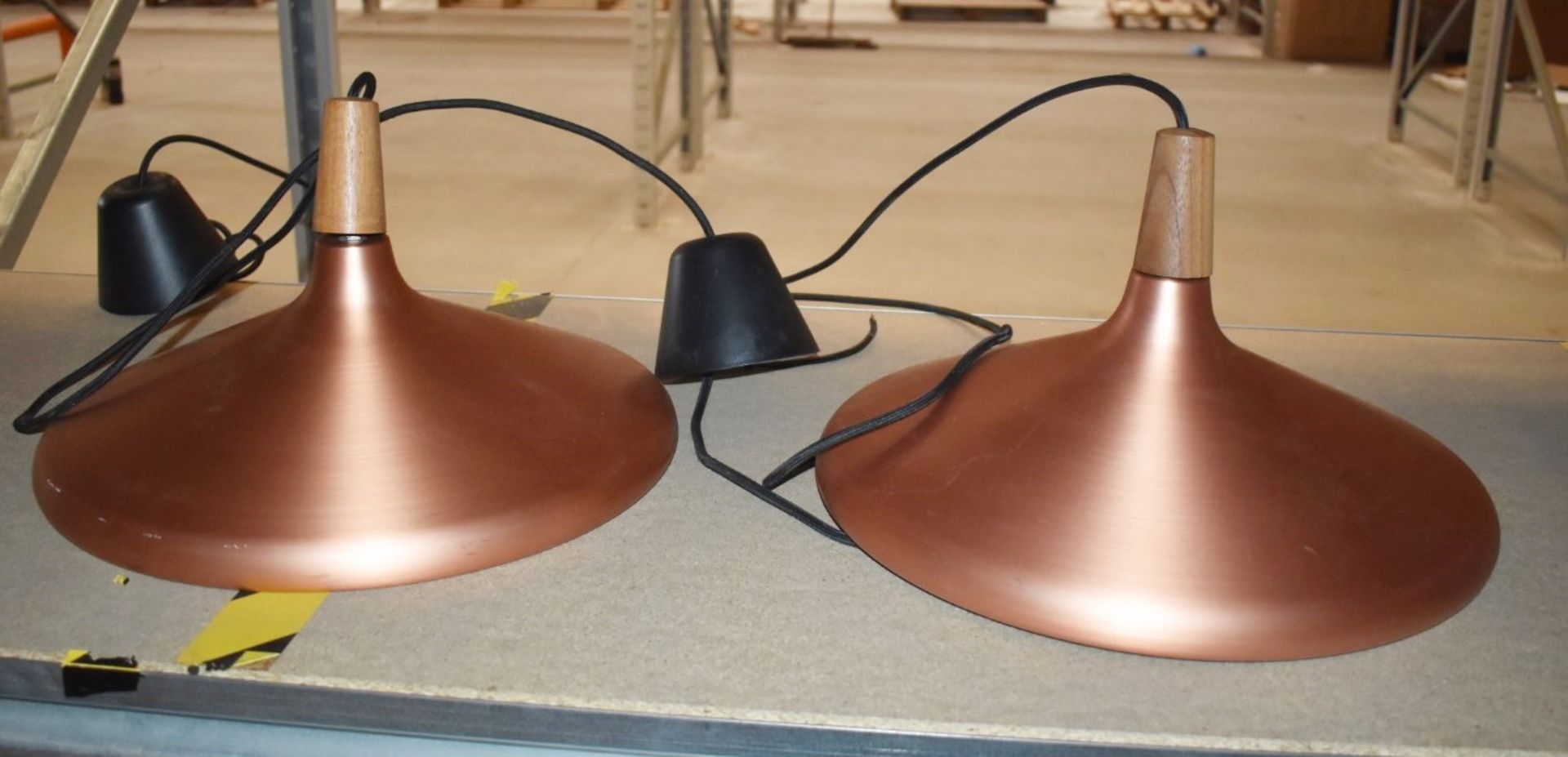 2 x Copper Ceiling Light Pendant Fittings - Features Wood Detail, White Inner and Black Ceiling