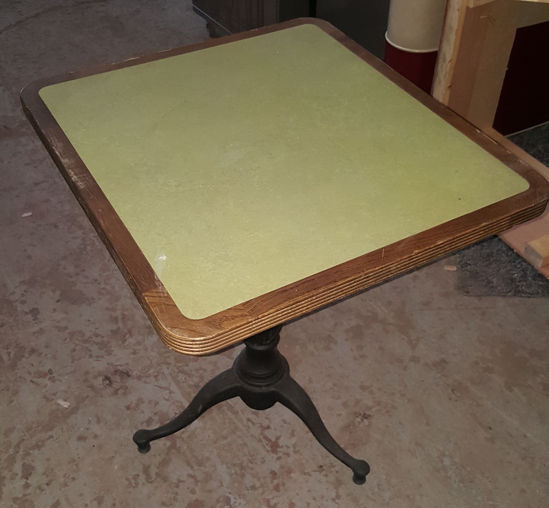 3 x Assorted Bistro Restaurant Tables With Green Faux Leather Inserts And Three-Legged Base - Image 8 of 9