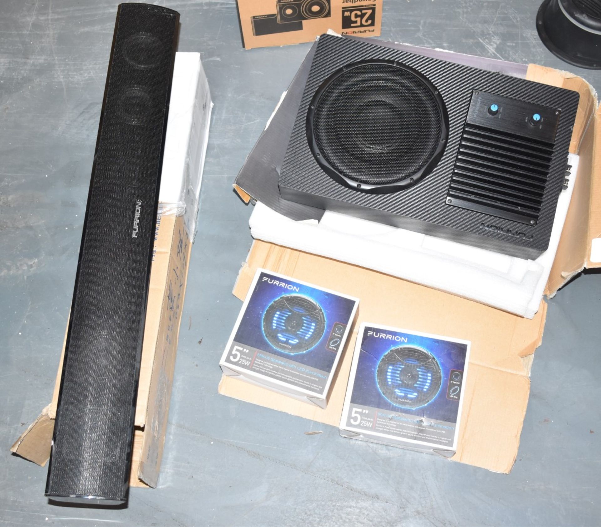 Assorted Collection of Furrion Audio Equipment - Includes Subwoofer, Soundbar and Pair of Marine 5