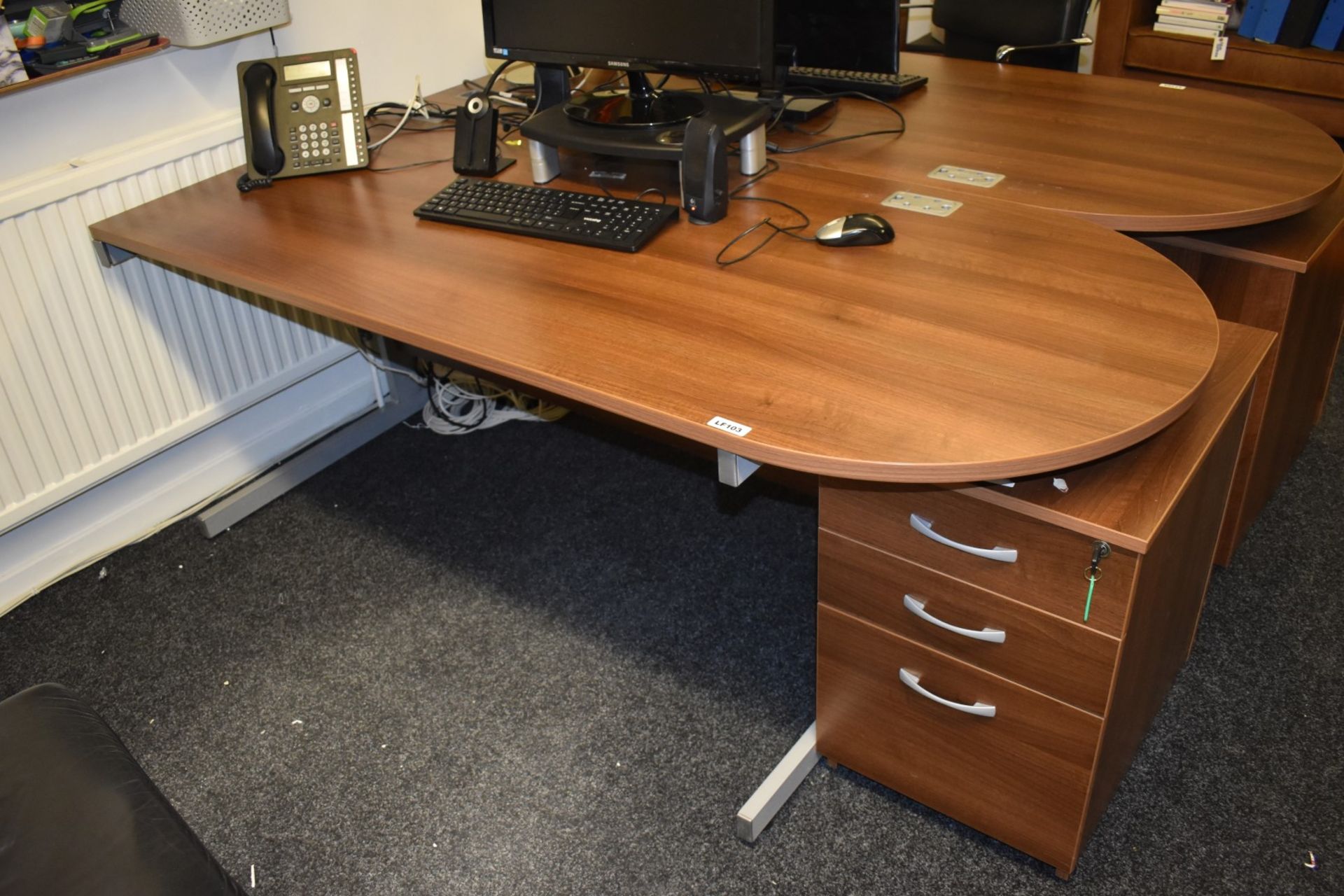 1 x Contemporary Office Desk - Features Semi Circle Meeting Point, Walnut Finish and Matching Drawer - Image 4 of 5
