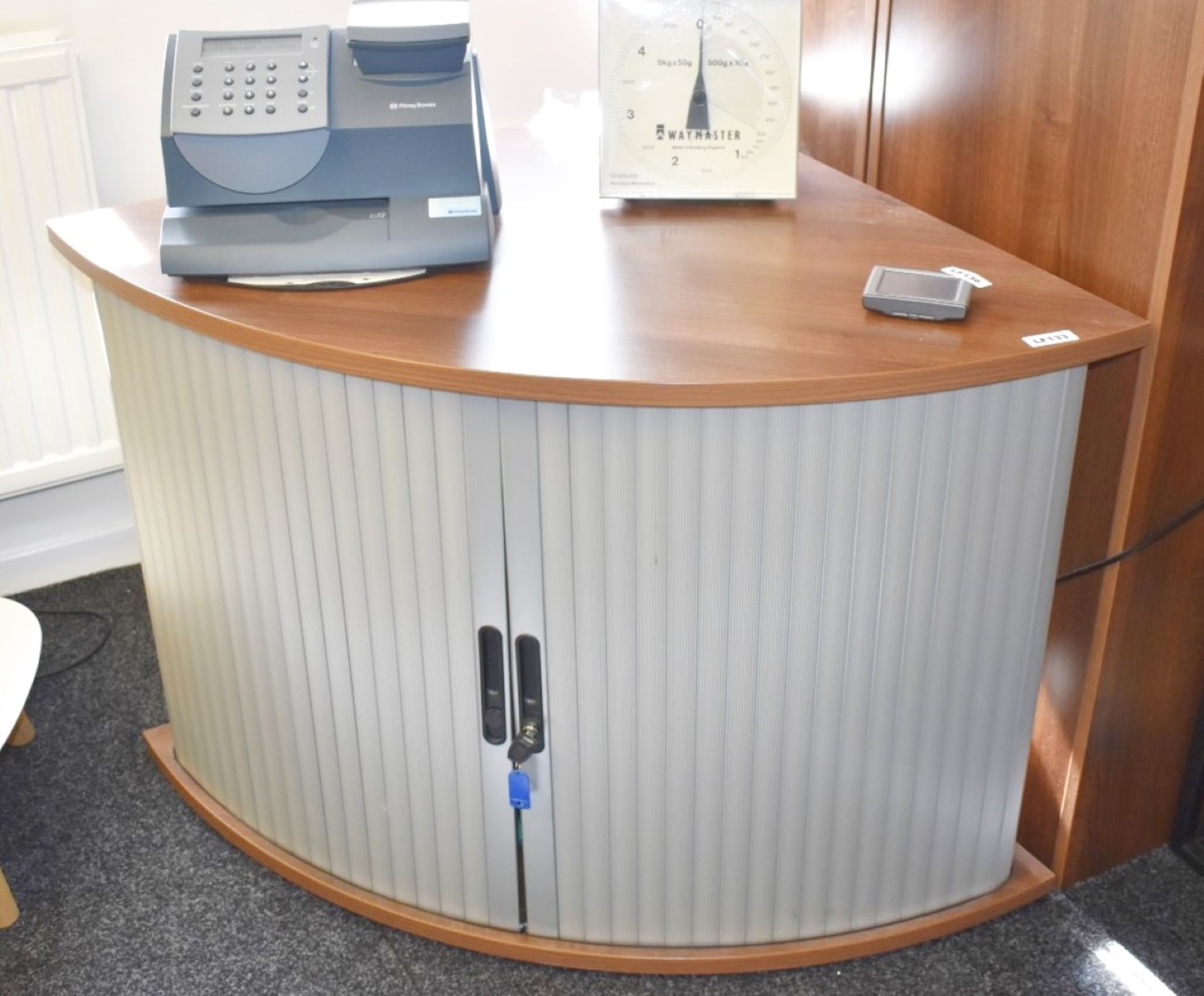 1 x Semi Circle Corner Office Cabinet With Tambour Doors and Walnut Finish - Includes Keys