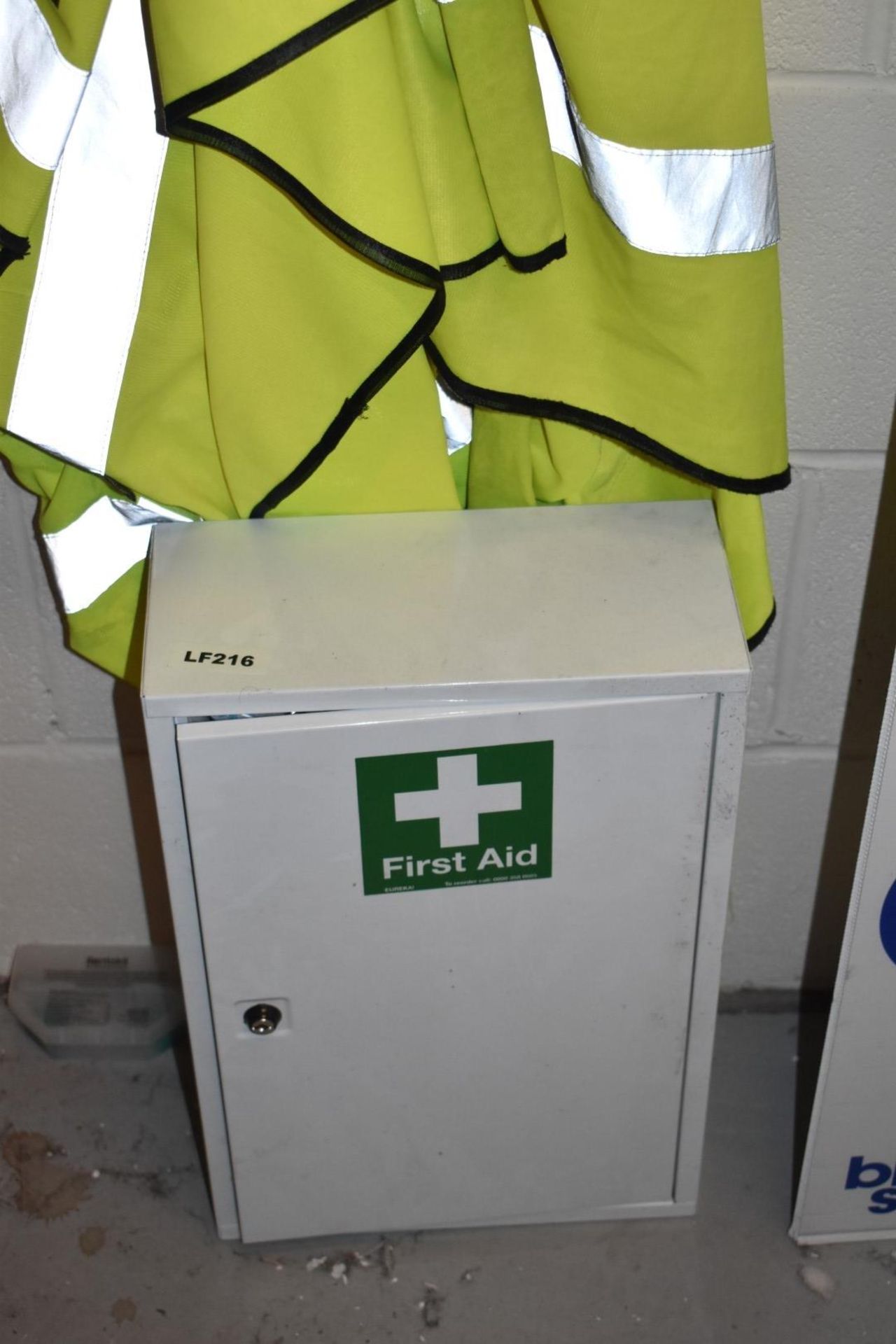 1 x Metal First Aid Medical Cabinet With Contents and Approx 5 x Hi-Viz Jackets