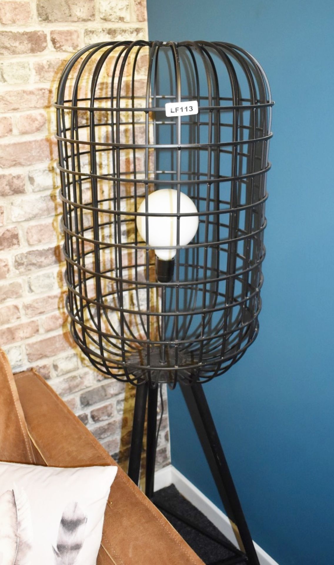 1 x Industrial Designed Cage Floor Lamp With Distressed Finish, Tripod Stand, and Inline On/Off - Image 2 of 8