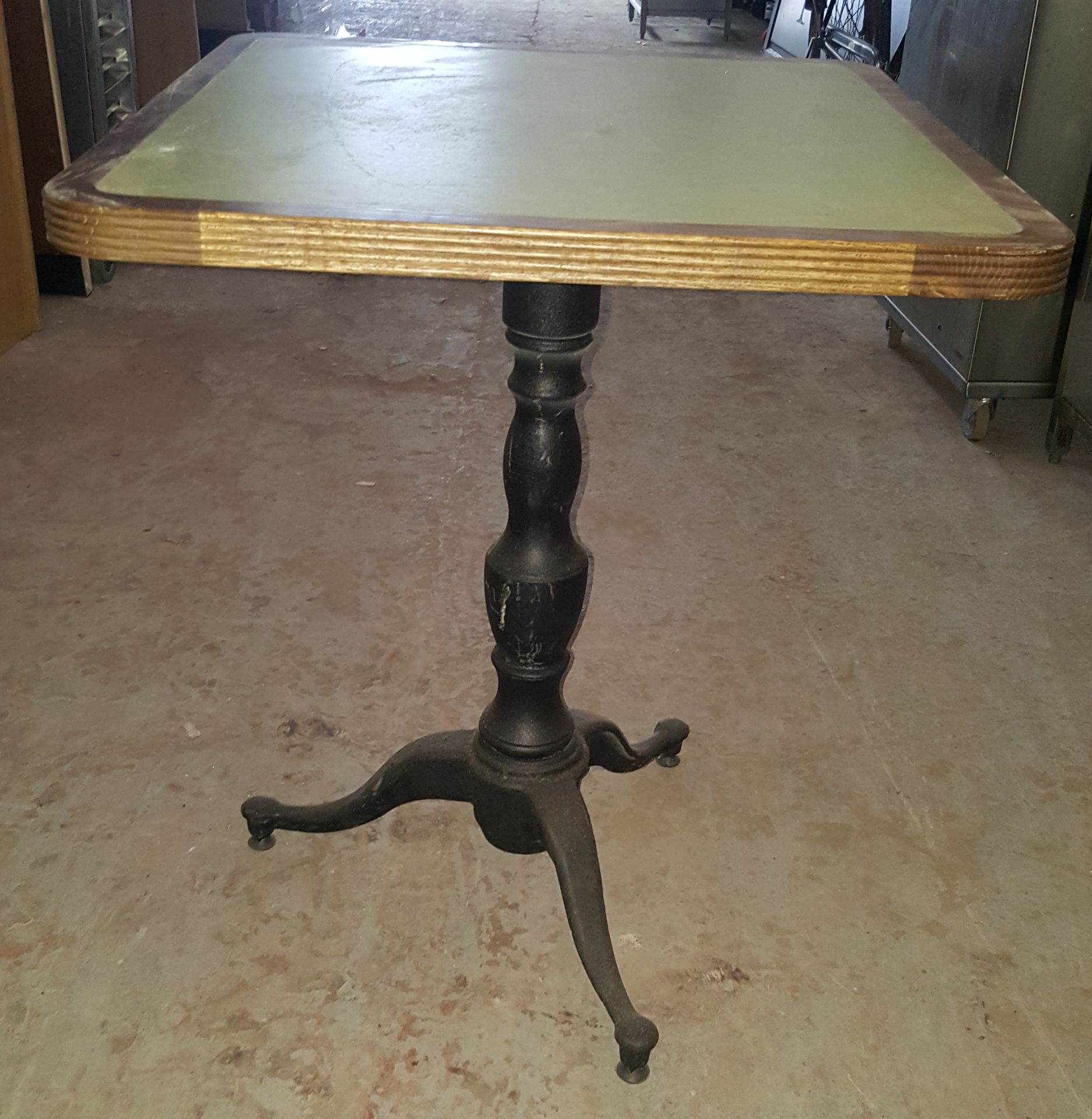 3 x Assorted Bistro Restaurant Tables With Green Faux Leather Inserts And Three-Legged Base - Image 7 of 9