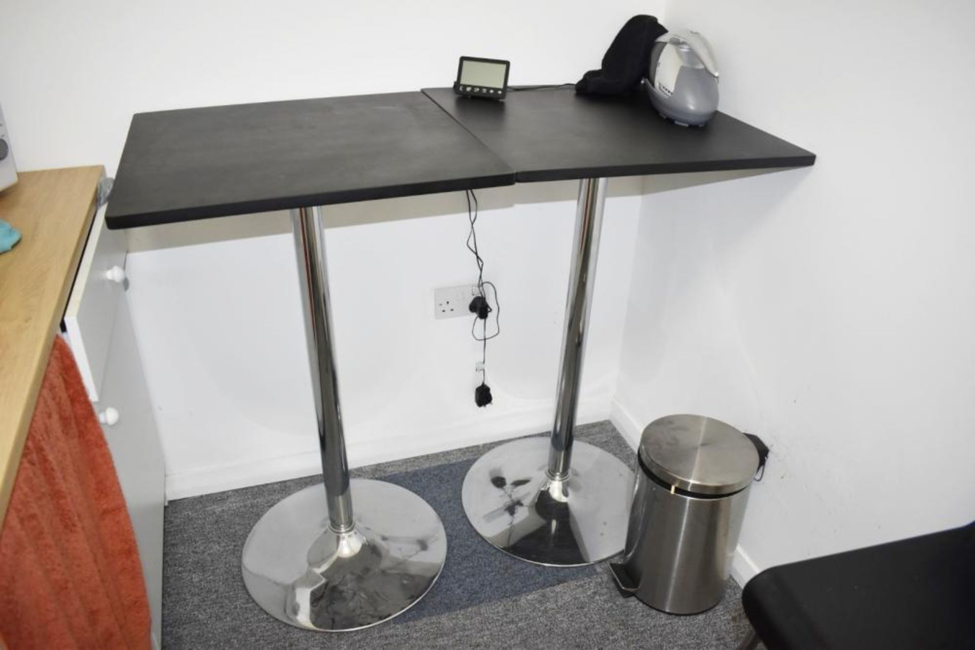 3 x Poser Tables and Two Bar Stools - Finished in Black With Chrome Bases - CL489 - Location: