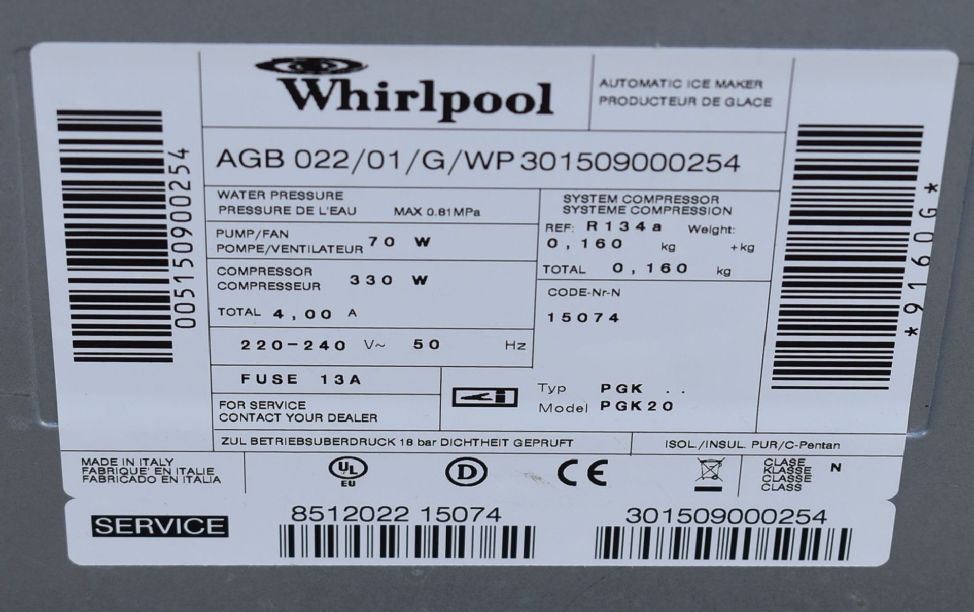 Whirlpool K20 Commercial Ice Maker Machine - Model AGB022 - Produces 24kg of Icer Per Day With - Image 8 of 8