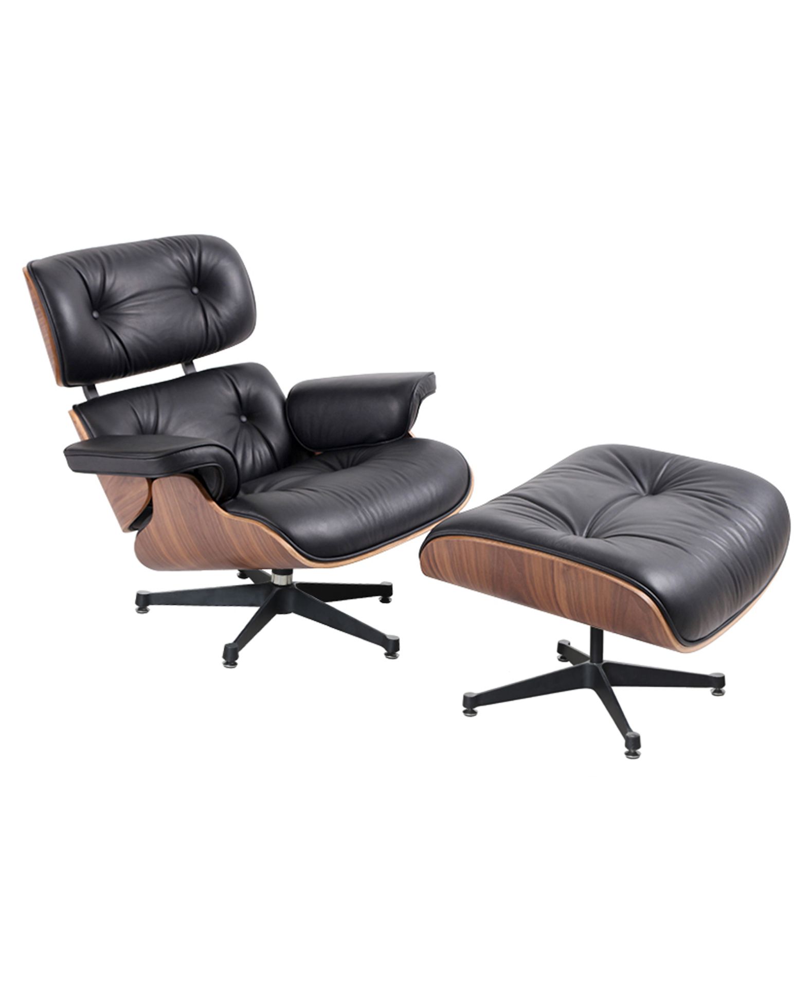 1 x Eames Inspired Lounge Chair With Ottoman - Black Leather and Walnut - Wood - RRP £749! - Image 2 of 4