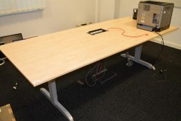 1 X BOARDROOM MEETING TABLE WITH BIRCH FINISH AND CENTRAL CONNECTIVITY SOCKETS -H73- W240- D100CM