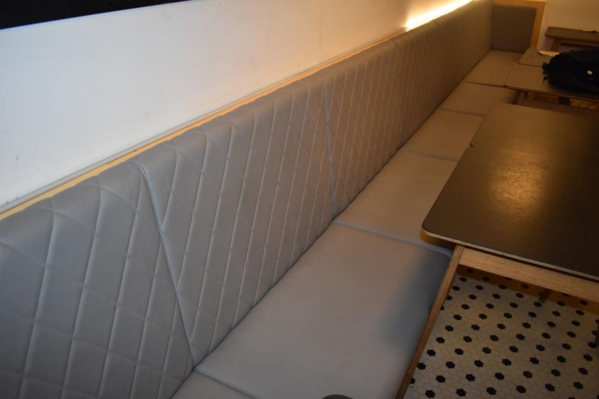 1 x Seating Banquette With Diamond Faux Leather Design Upholstery in Grey - Approx 25ft in - Image 4 of 5