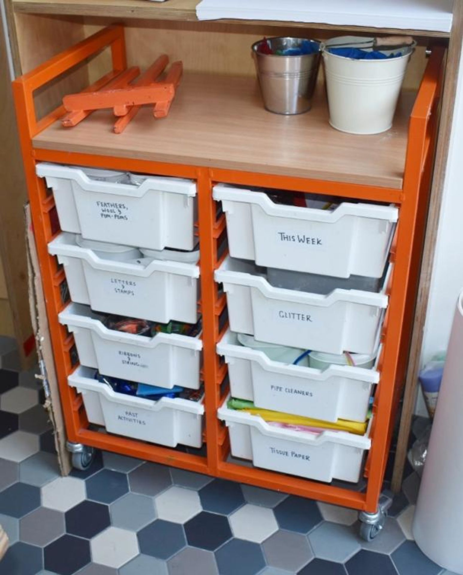 1 x Mobile Trolley With Eight Plastic Drawers - Features Orange Frame, Castor Wheels, Wood Surface