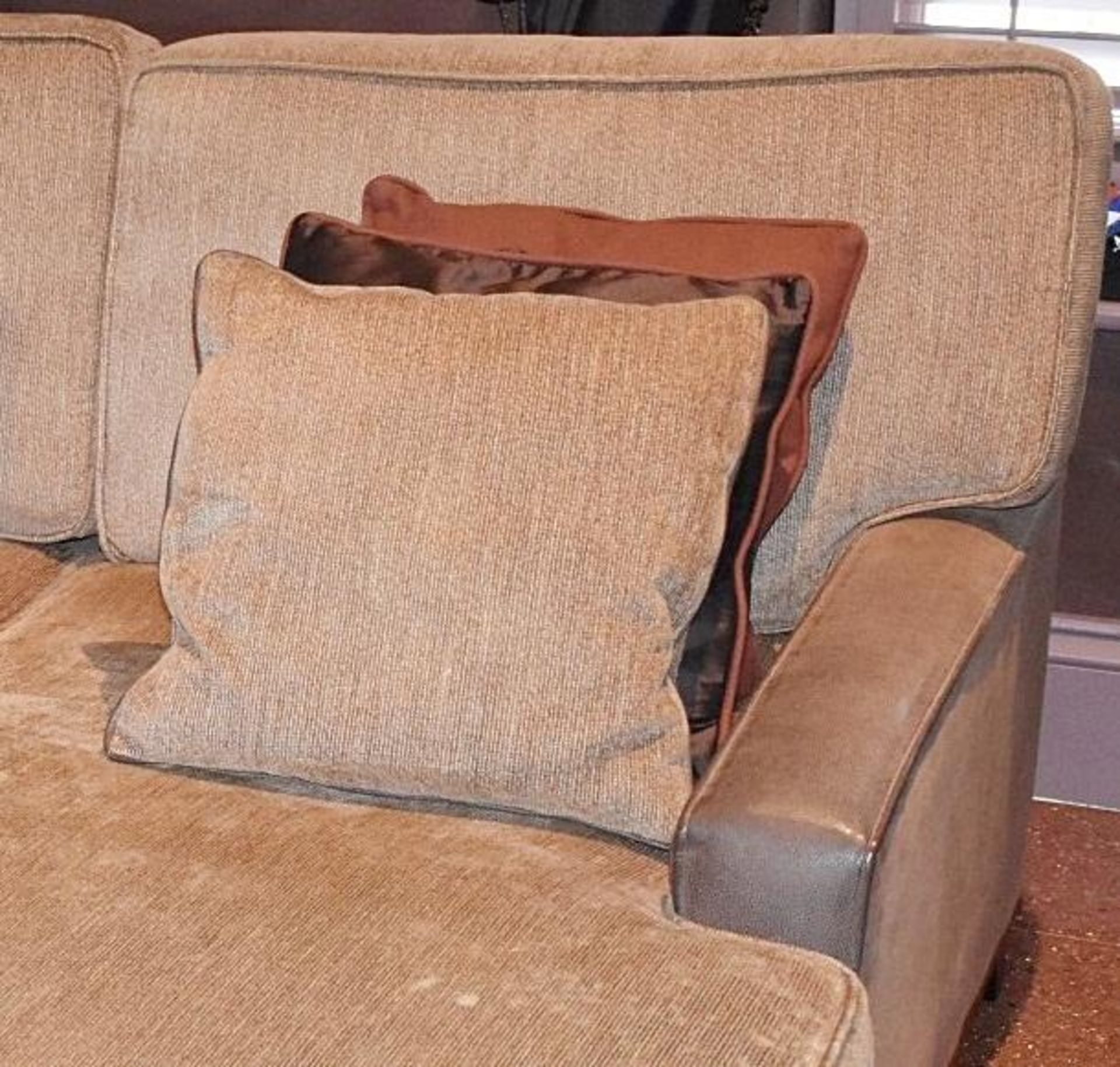1 x Right-Hand Corner Sofa Upholstered In Light Mocha Leather And Chenille Fabrics - Includes Cushio - Image 3 of 8