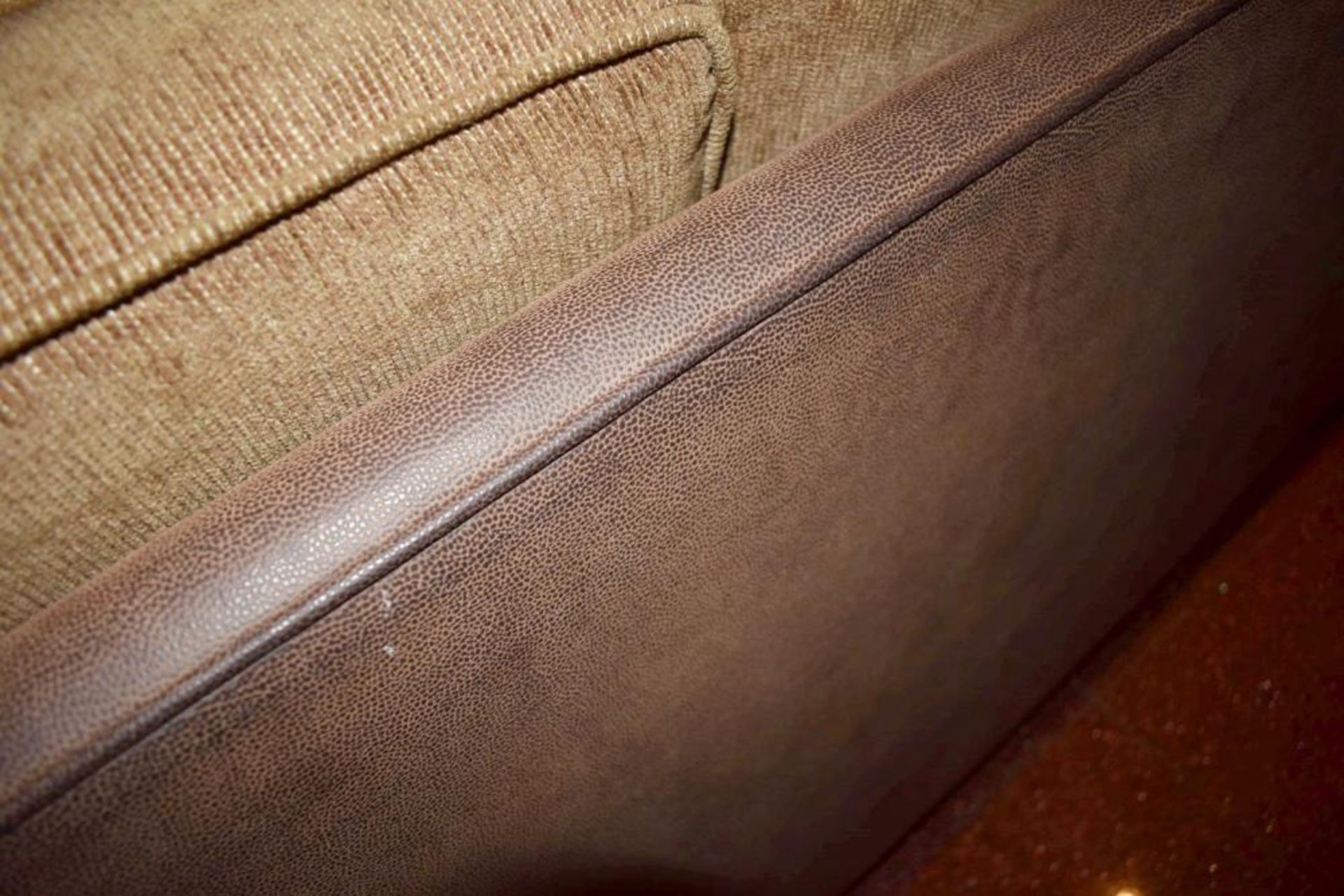 1 x Left-Hand Corner Sofa Upholstered In Light Mocha Leather And Chenille Fabrics - Includes Cushion - Image 6 of 11