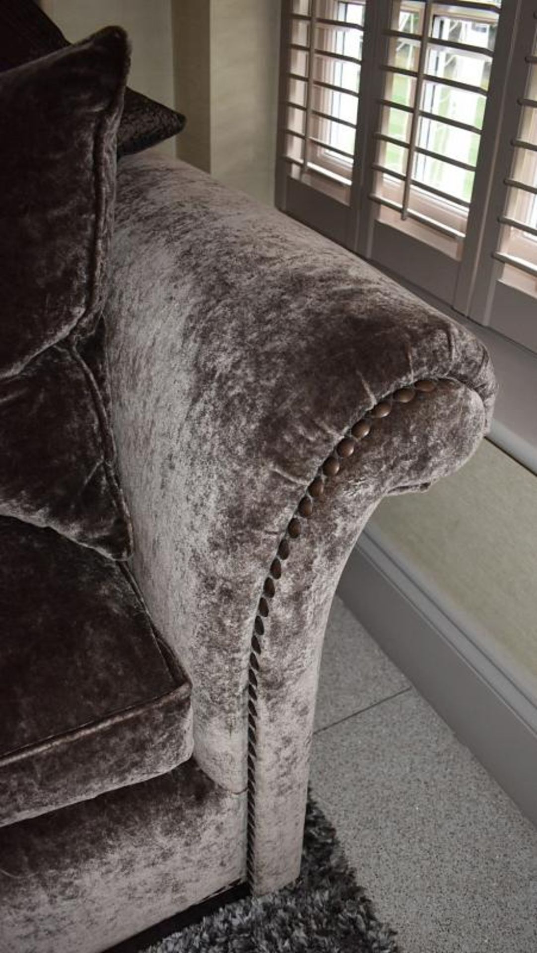 1 x Large Well Upholstered Sofa In A Rich Brown Chenille With Studded Detailing - Includes Cushions - Image 6 of 9