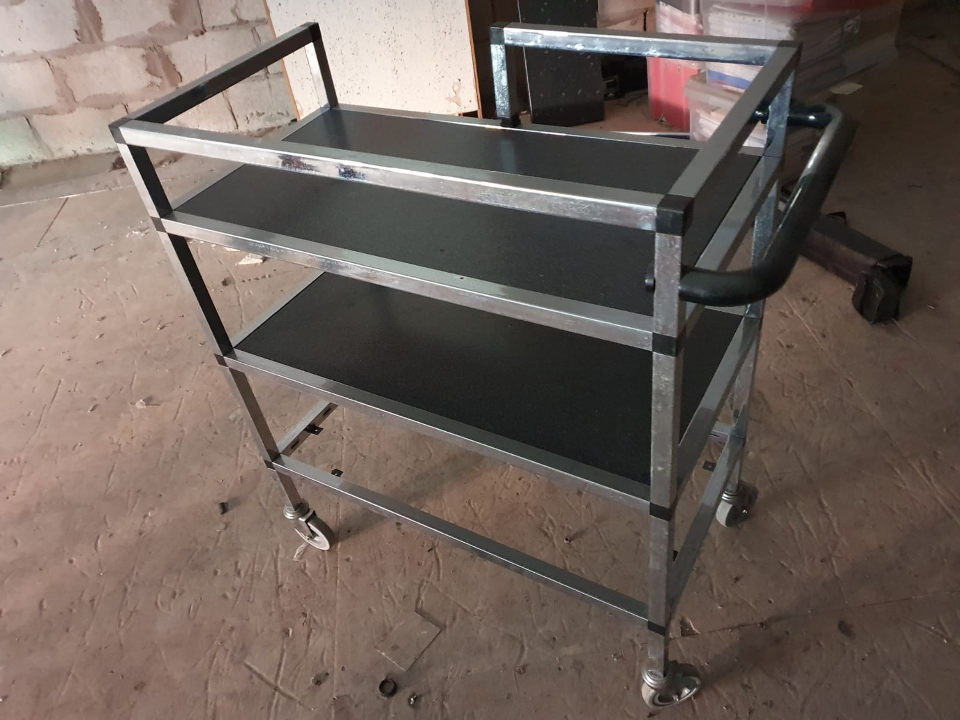 1 x Mobile Trolley With Pull/Push Handle and Castors - Chrome Finish With Black Shelves - CL515 - - Image 3 of 3
