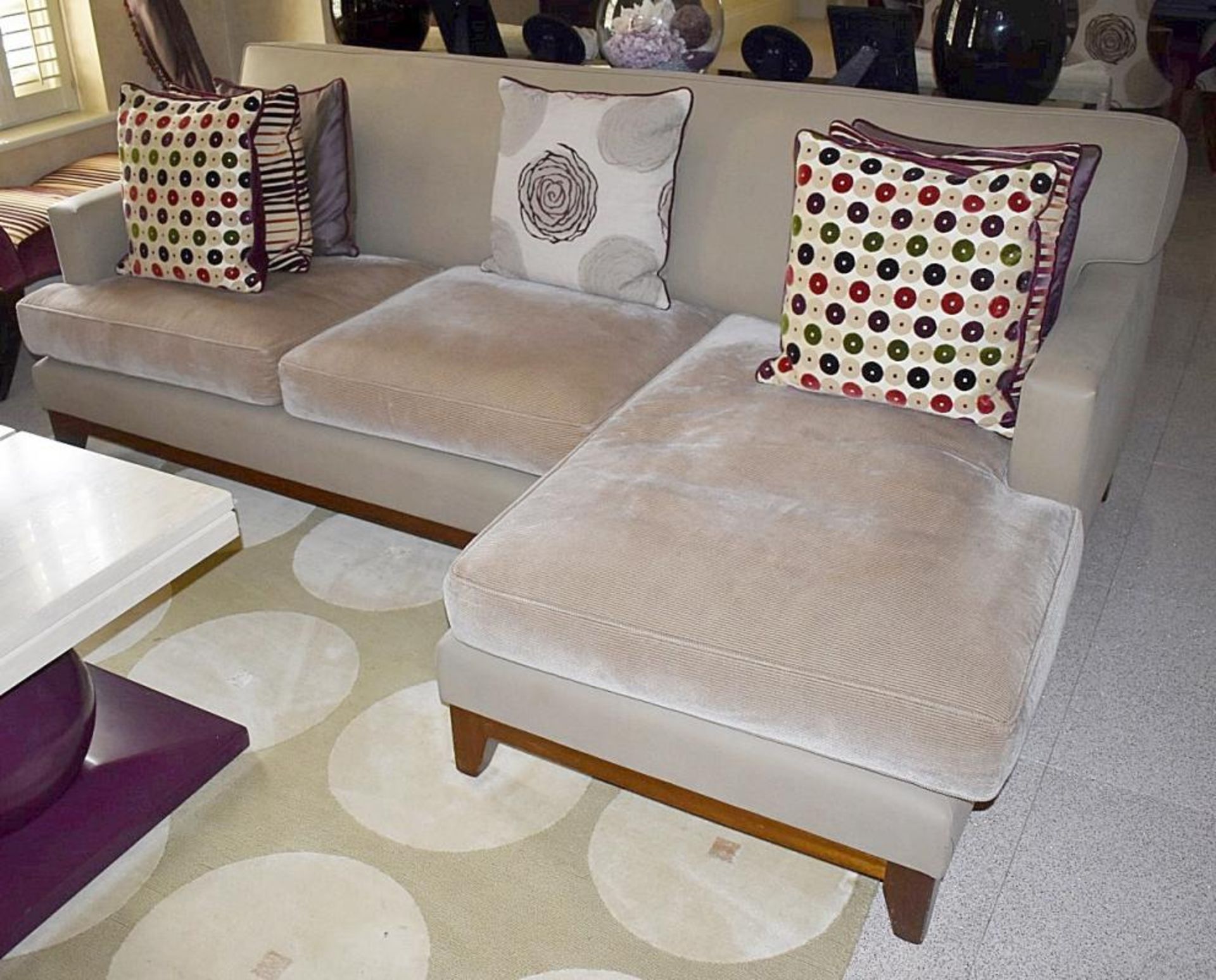 1 x Right-Hand Corner Sofa Upholstered In Light Cream Leather And Chenille Fabrics - RRP £15,000 - Image 2 of 6