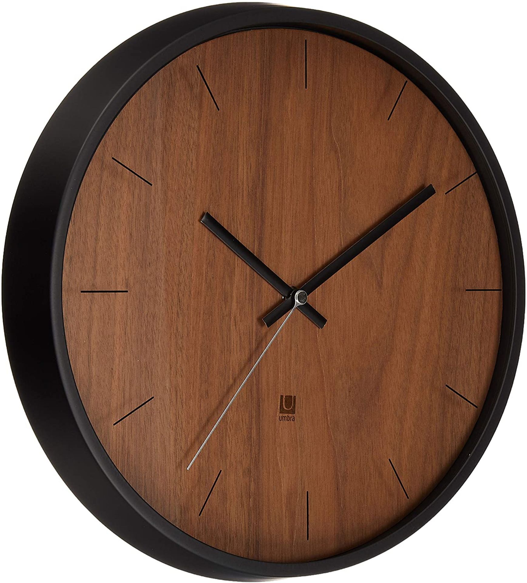 1 x 'Madera' Designer Wall Clock Featuring A Black Frame And Walnut Face - 32cm Diameter