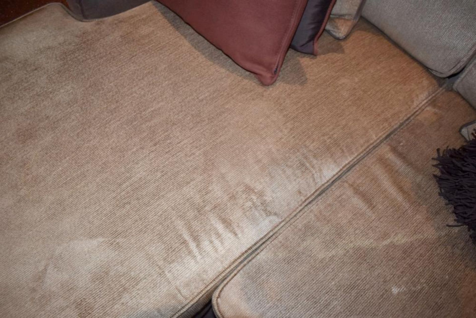 1 x Left-Hand Corner Sofa Upholstered In Light Mocha Leather And Chenille Fabrics - Includes Cushion - Image 9 of 11