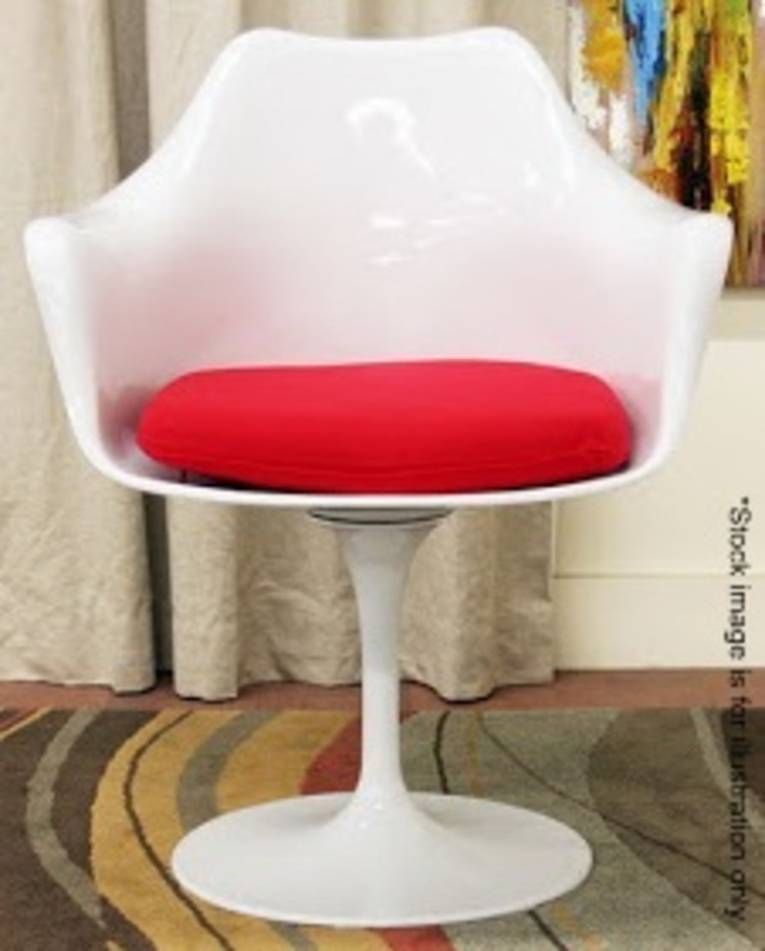 1 x Eero Saarinen Inspired Tulip Armchair In White With Red Cushion - Brand New Boxed Stock - Image 2 of 3