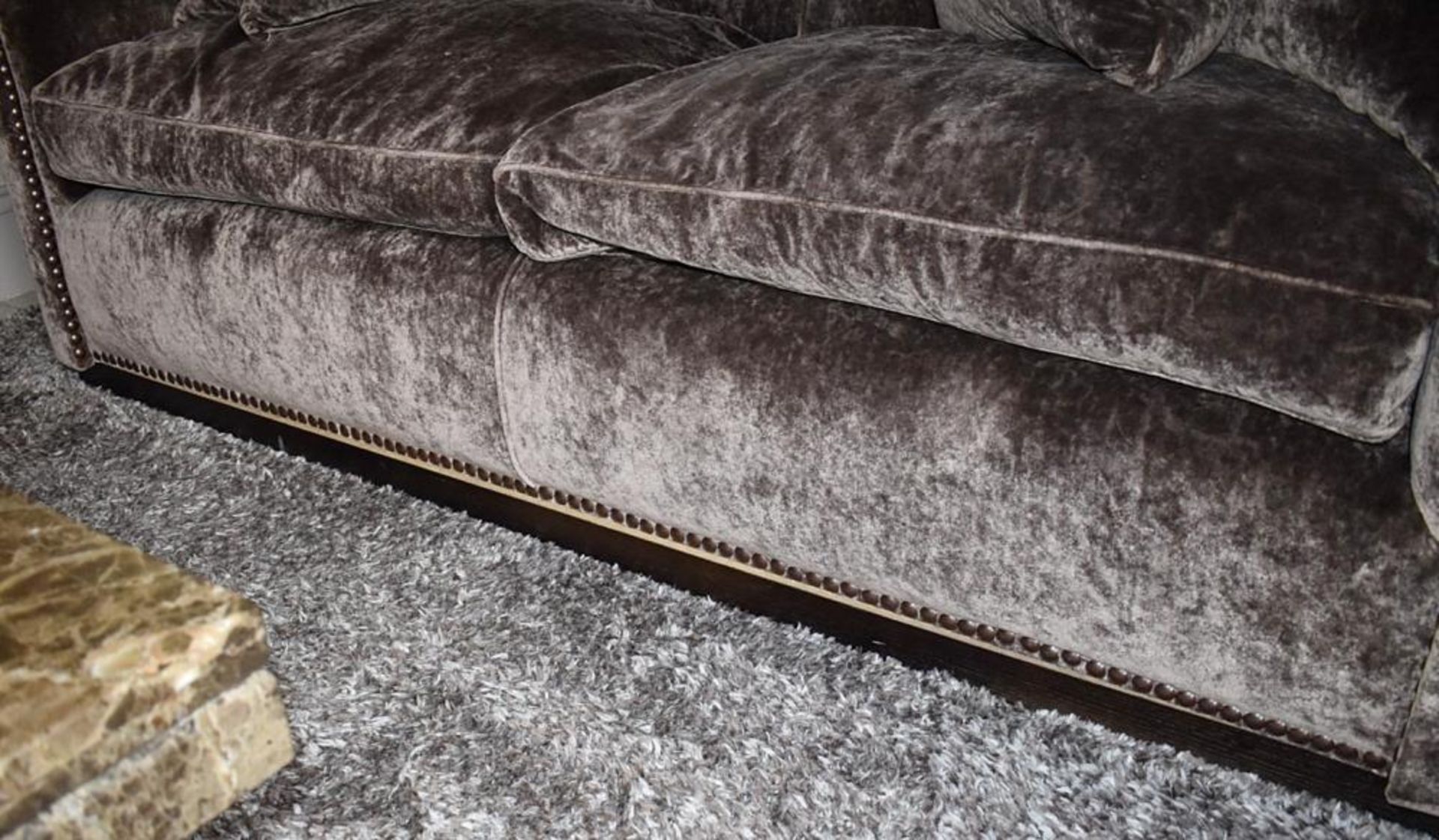 1 x Large Well Upholstered Sofa In A Rich Brown Chenille With Studded Detailing - Includes Cushions - Image 4 of 5