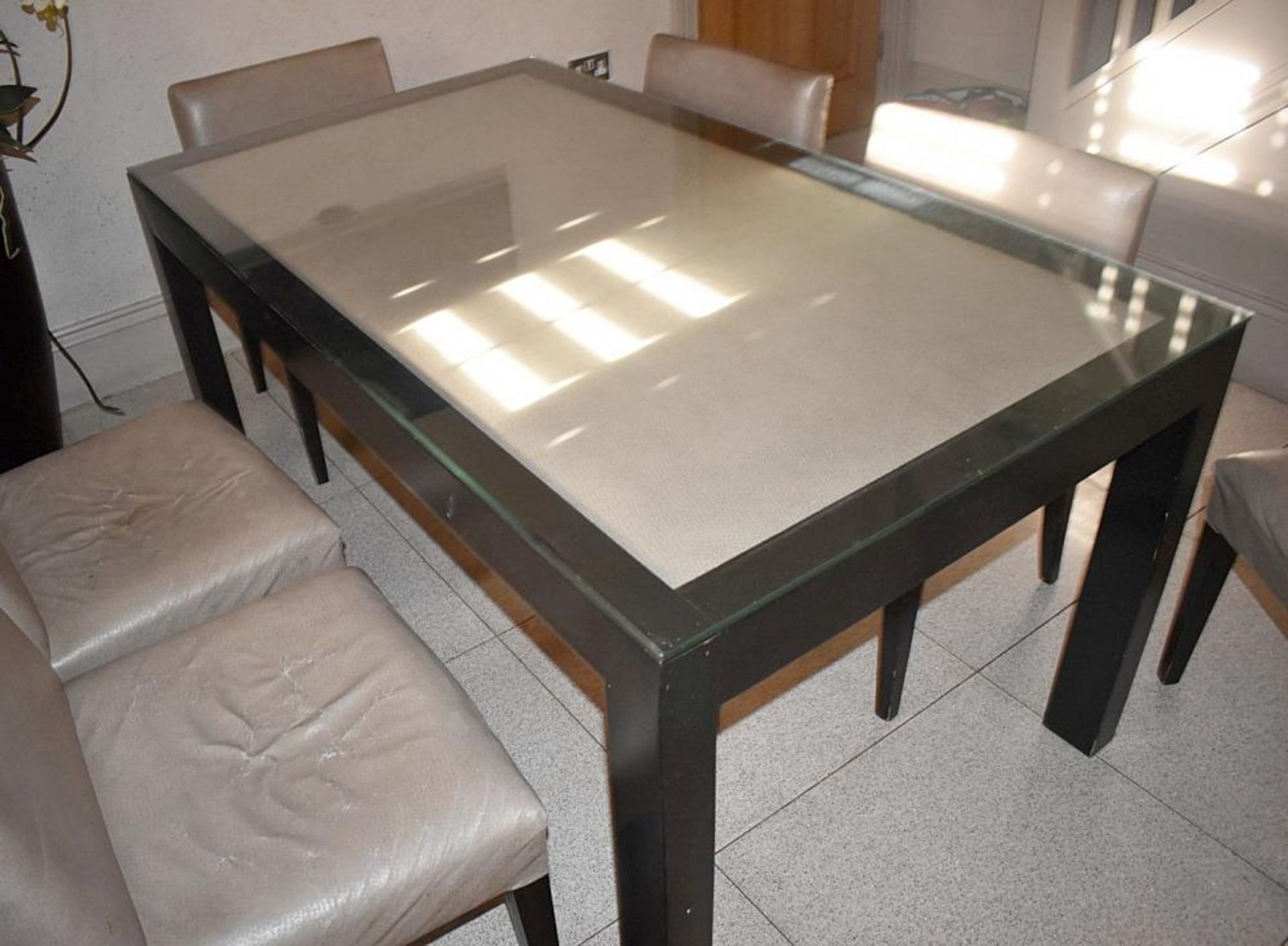 1 x Inset Leather And Glass Topped Kitchen Dining Table With 6 x Chairs In A Light Fawn Leather - R - Image 3 of 6