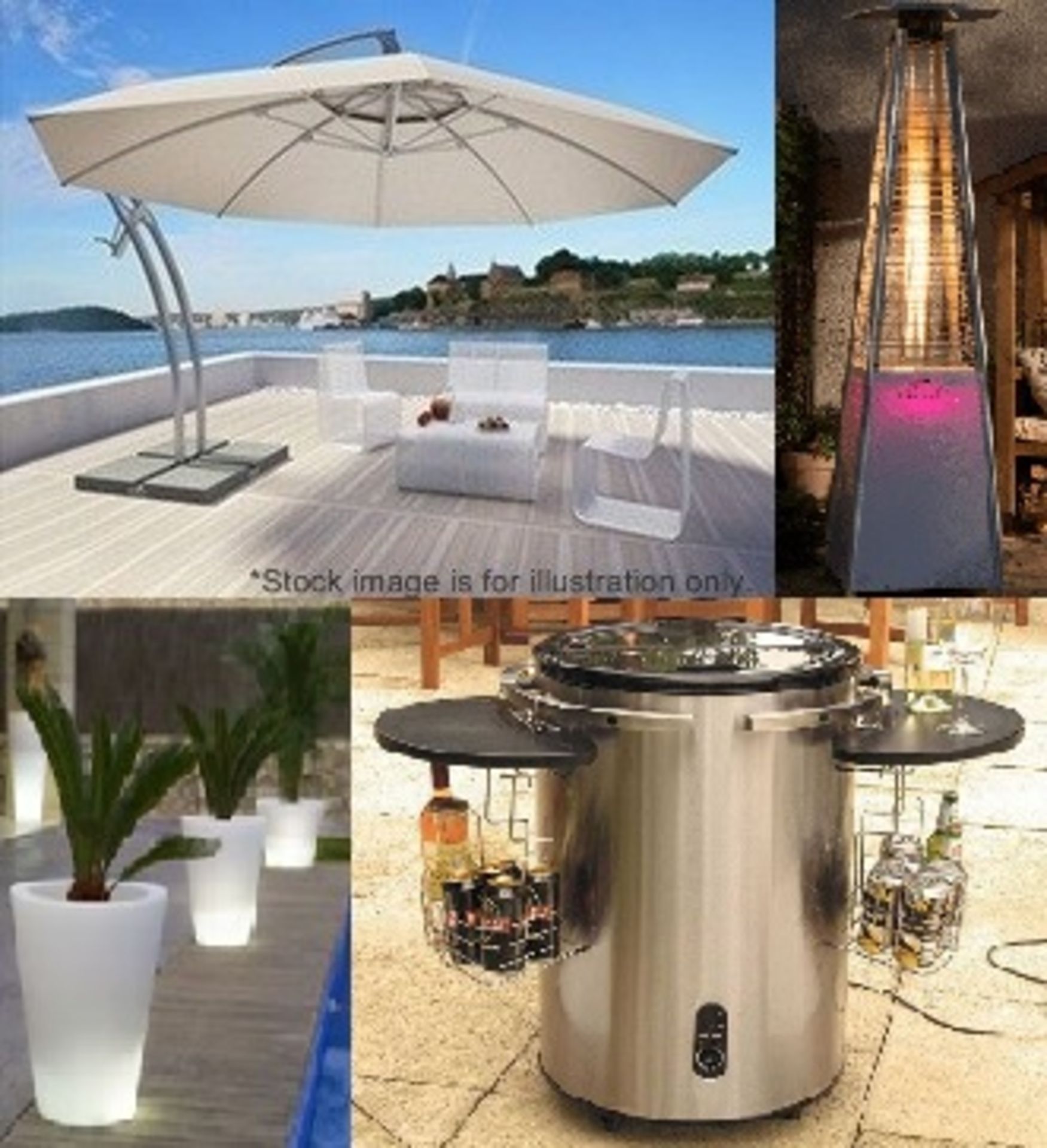 6-Piece Luxury Patio Set Including 4.2 Metre Parasol, Drinks Cooler, Heater + Planters - CL512 - New