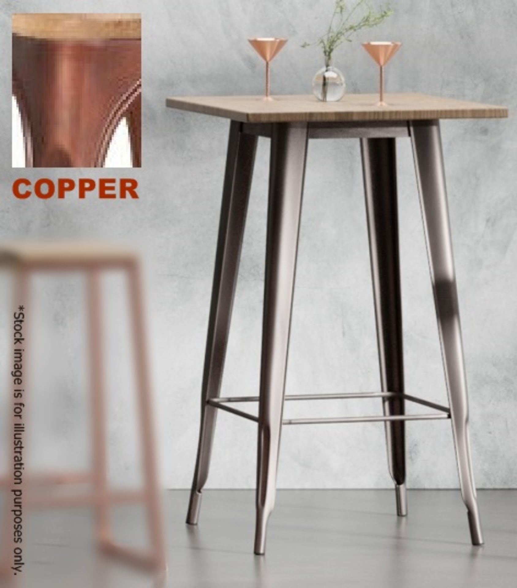 1 x Xavier Pauchard / Tolix Inspired Industrial Metal Bar Table - COPPER With Natural Wood Top