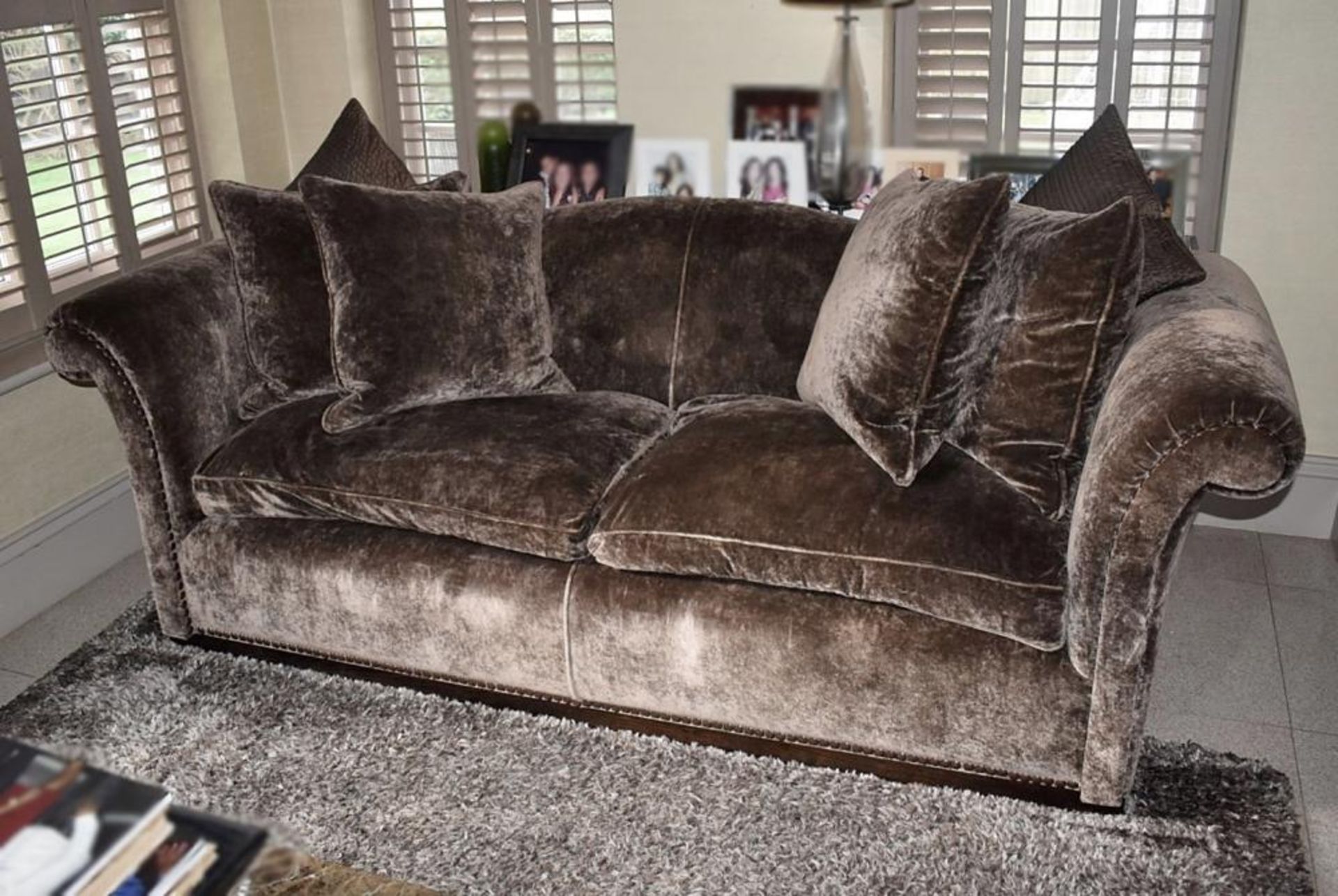 1 x Large Well Upholstered Sofa In A Rich Brown Chenille With Studded Detailing - Includes Cushions