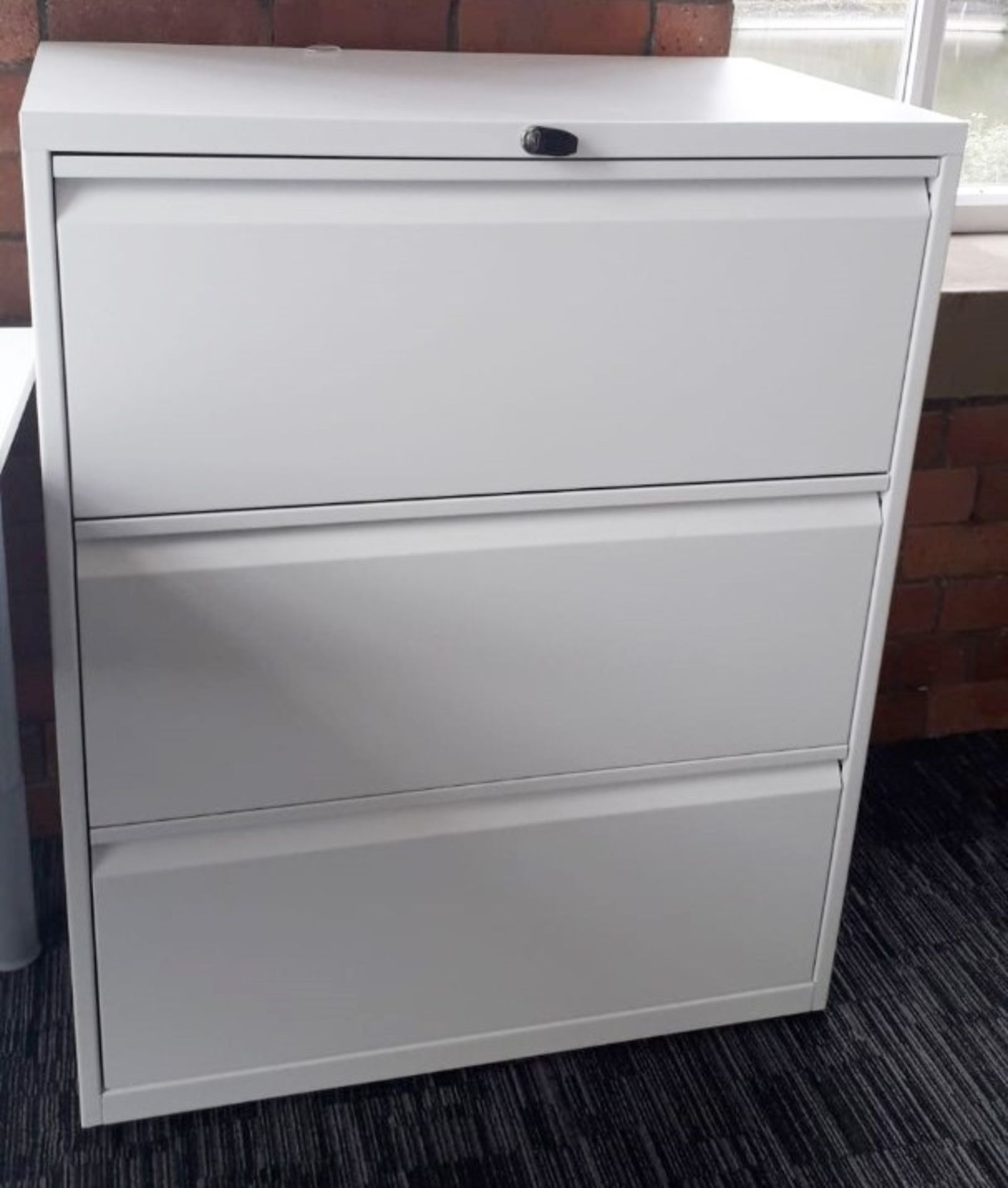 Pair Of 3-Door Metal Office Filing Cabinets In A Light Grey With Keys - Dimensions: W80x47xH100cm