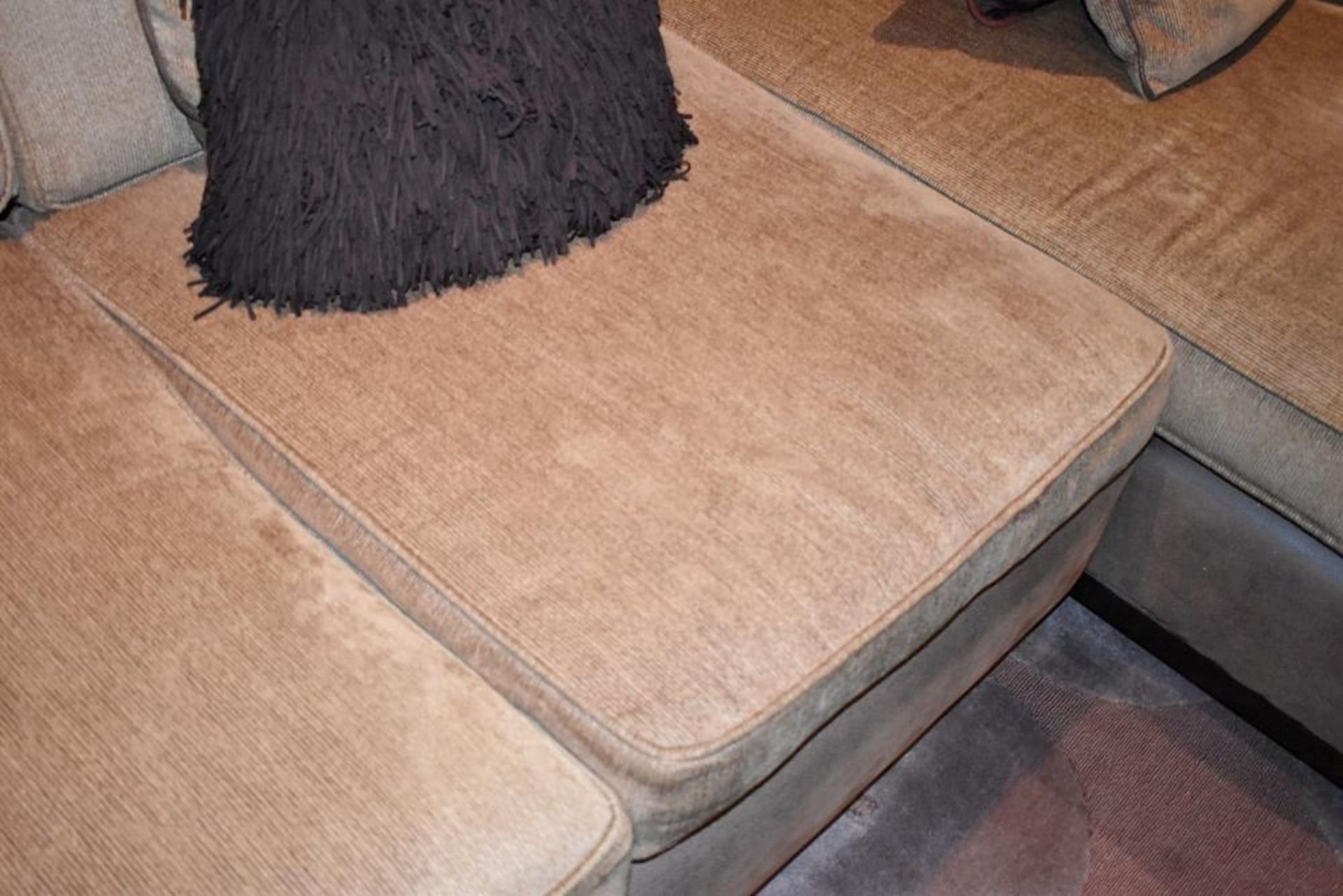 1 x Right-Hand Corner Sofa Upholstered In Light Mocha Leather And Chenille Fabrics - Includes Cushio - Image 6 of 8