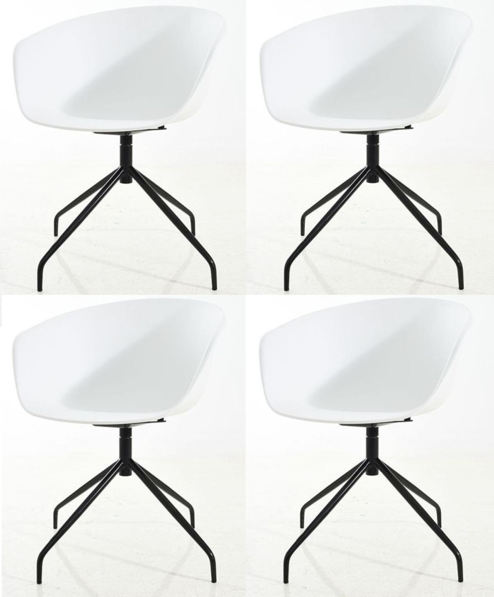 A Set Of 4 x Elegant Dining Chairs With White Curved Seats And Black Metal Bases