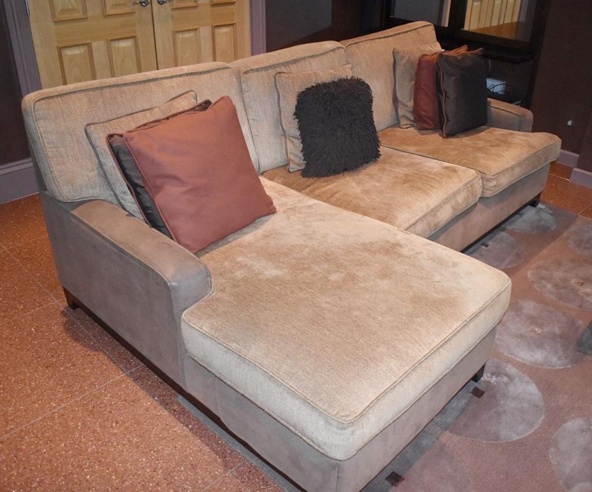 1 x Left-Hand Corner Sofa Upholstered In Light Mocha Leather And Chenille Fabrics - Includes Cushion - Image 3 of 11