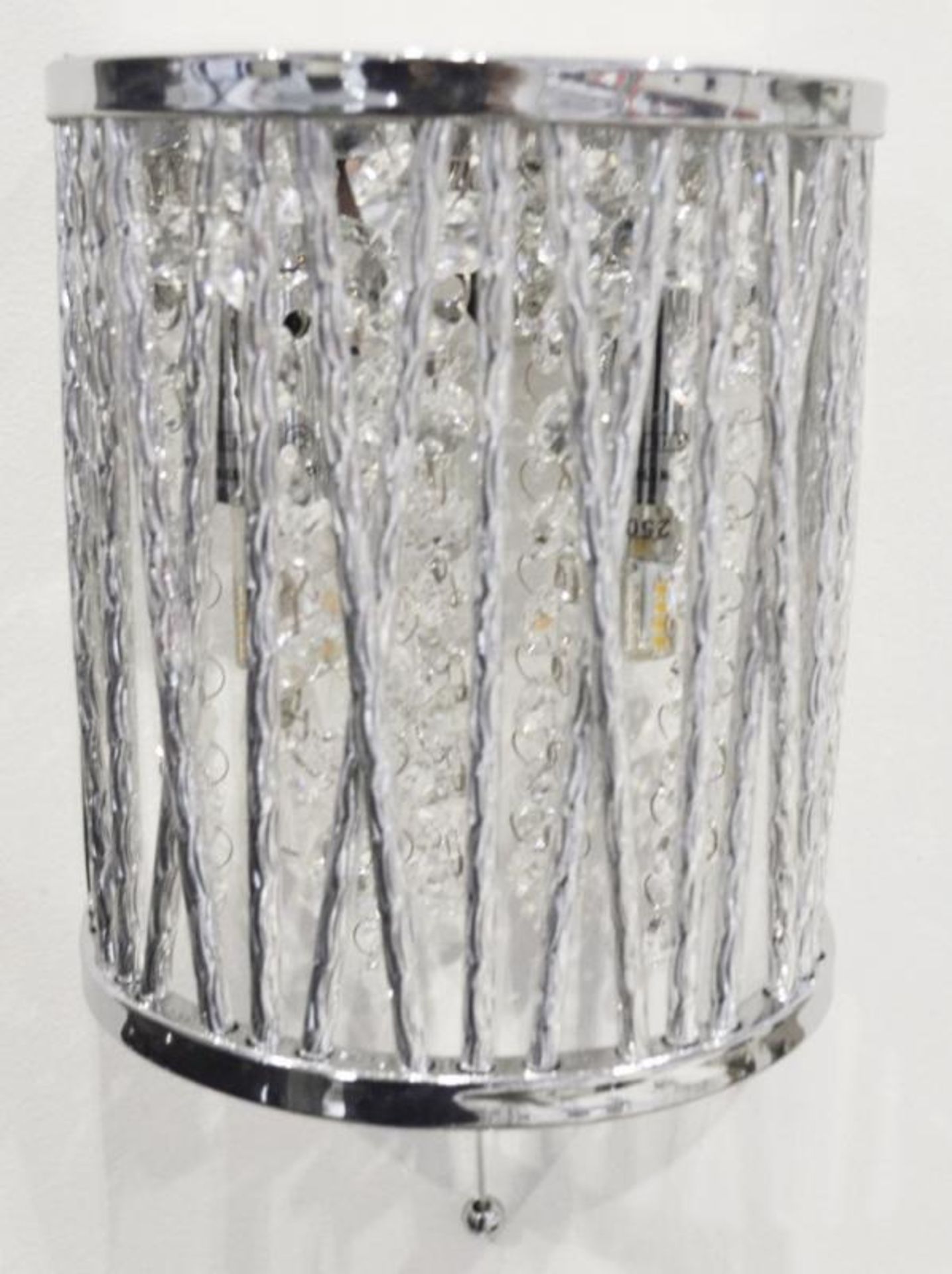 1 x Elise 2 Light Crystal Wall Light Polished Chrome With Pull Cord - Ex Display, Mounted On Backboa