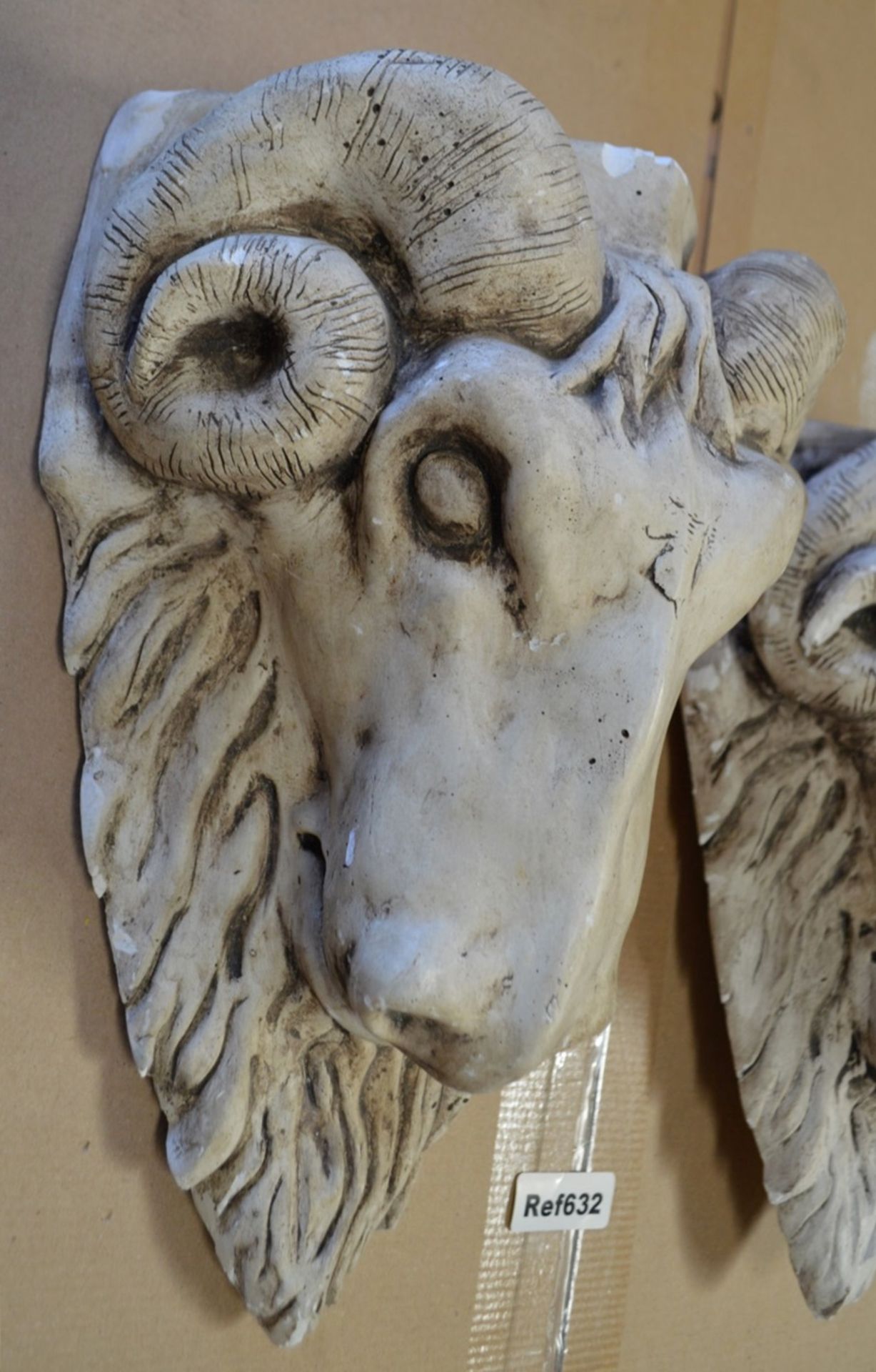 A Pair Of Ornamental Plaster Rams Heads - Dimensions: H38 x W25 x D14cm - Used, In Good Overall - Image 2 of 5