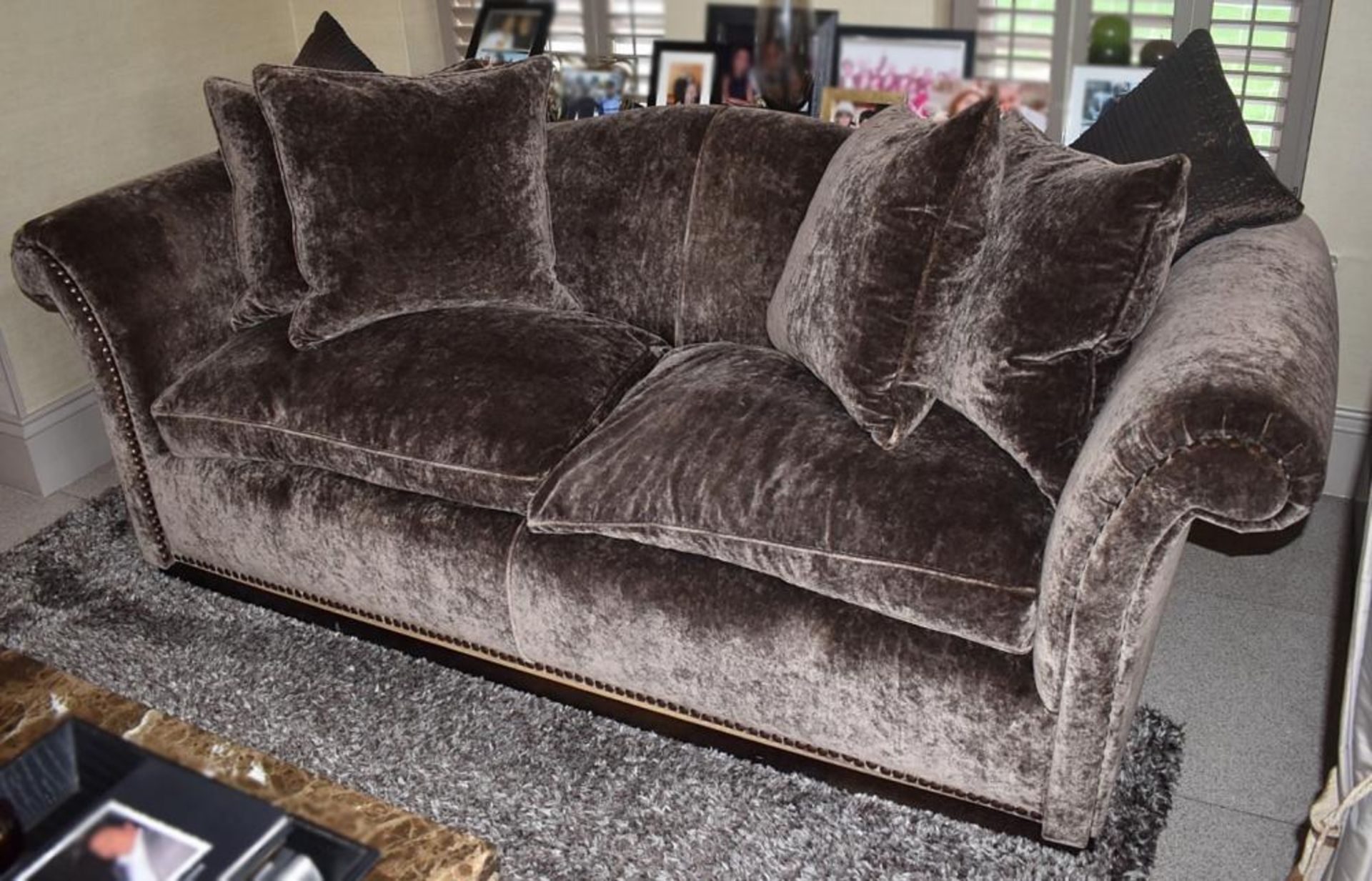 1 x Large Well Upholstered Sofa In A Rich Brown Chenille With Studded Detailing - Includes Cushions