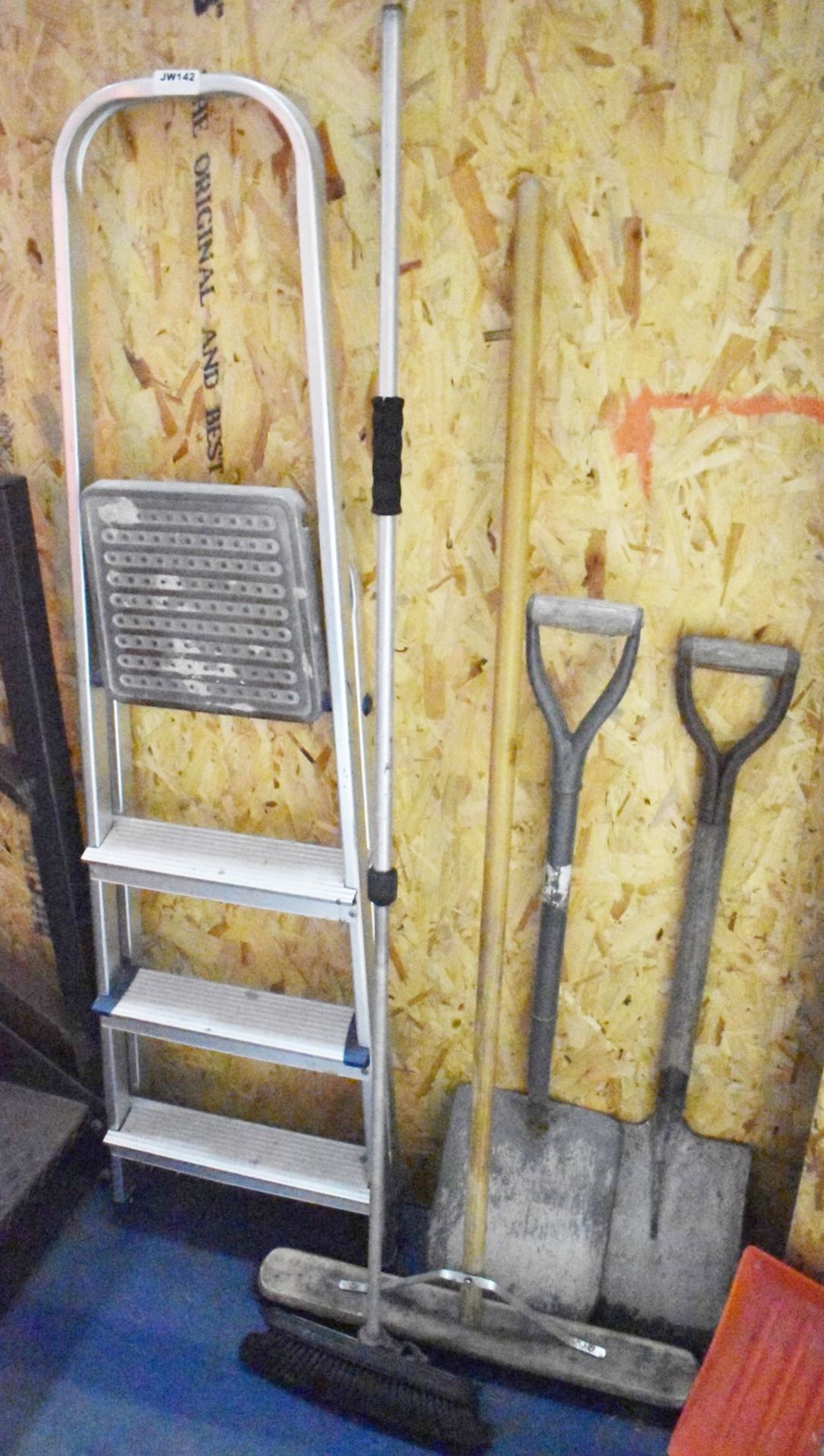Assorted Collection to Include Ladders, Two Brushes and Three Shovels