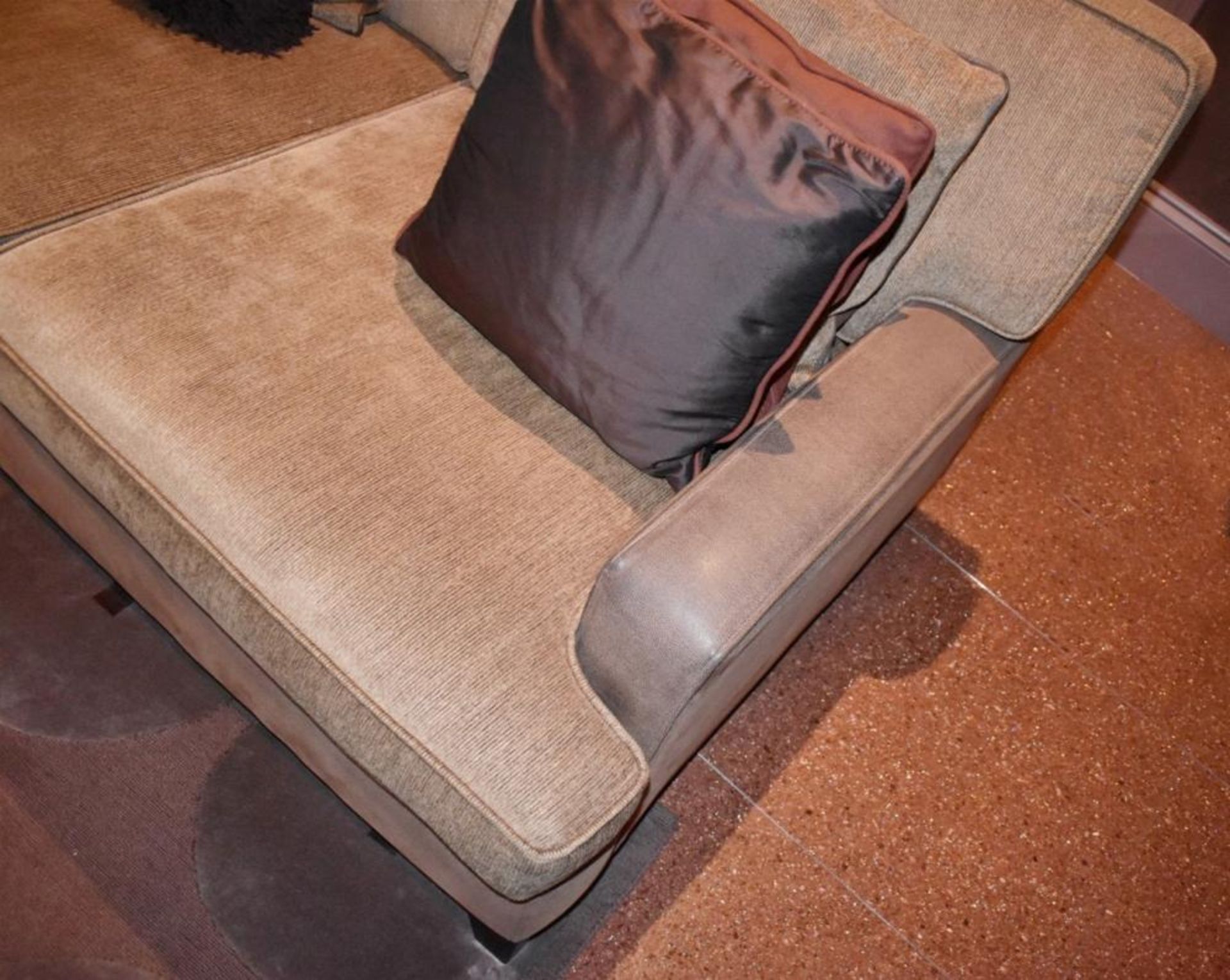 1 x Left-Hand Corner Sofa Upholstered In Light Mocha Leather And Chenille Fabrics - Includes Cushion - Image 10 of 11