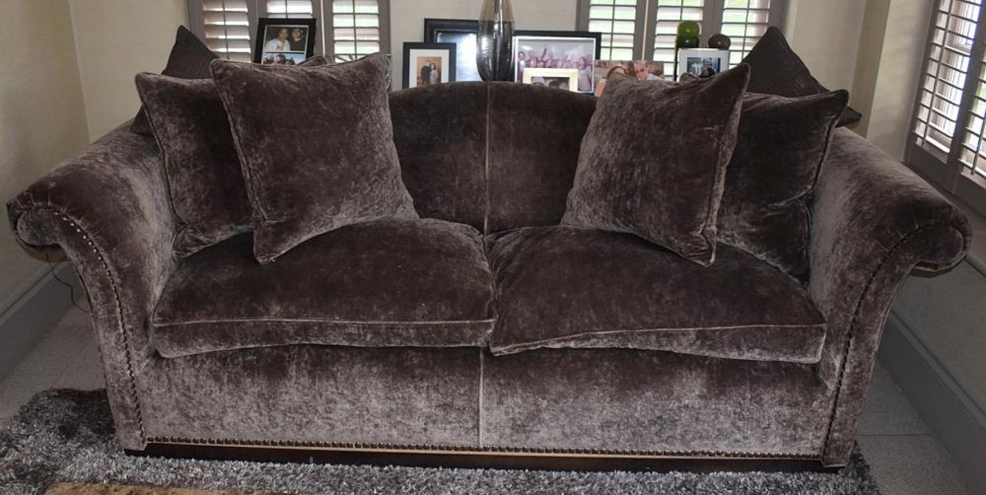 1 x Large Well Upholstered Sofa In A Rich Brown Chenille With Studded Detailing - Includes Cushions - Image 2 of 9