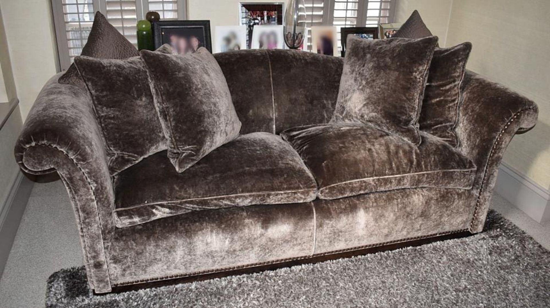 1 x Large Well Upholstered Sofa In A Rich Brown Chenille With Studded Detailing - Includes Cushions - Image 2 of 5