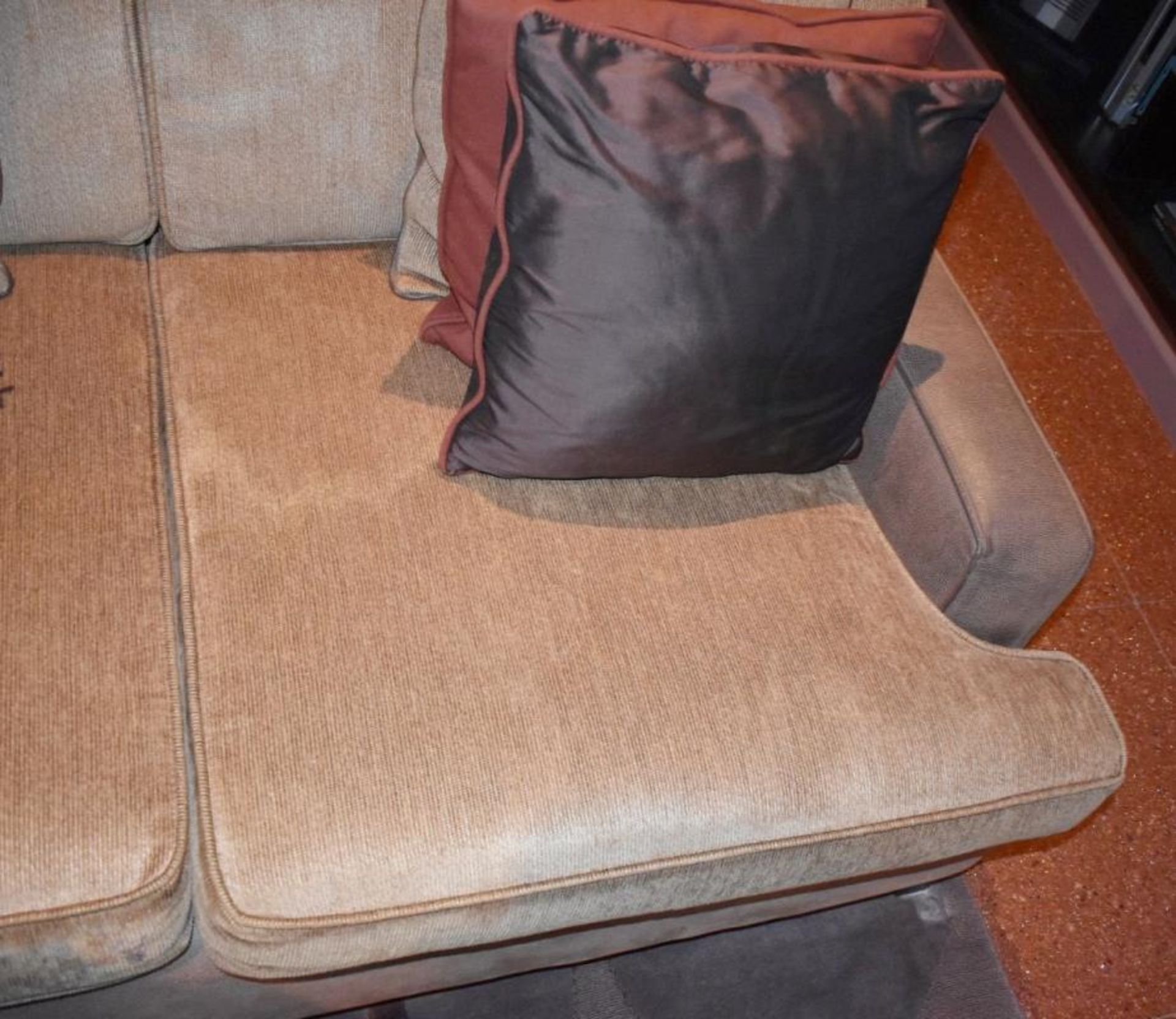 1 x Left-Hand Corner Sofa Upholstered In Light Mocha Leather And Chenille Fabrics - Includes Cushion - Image 8 of 11